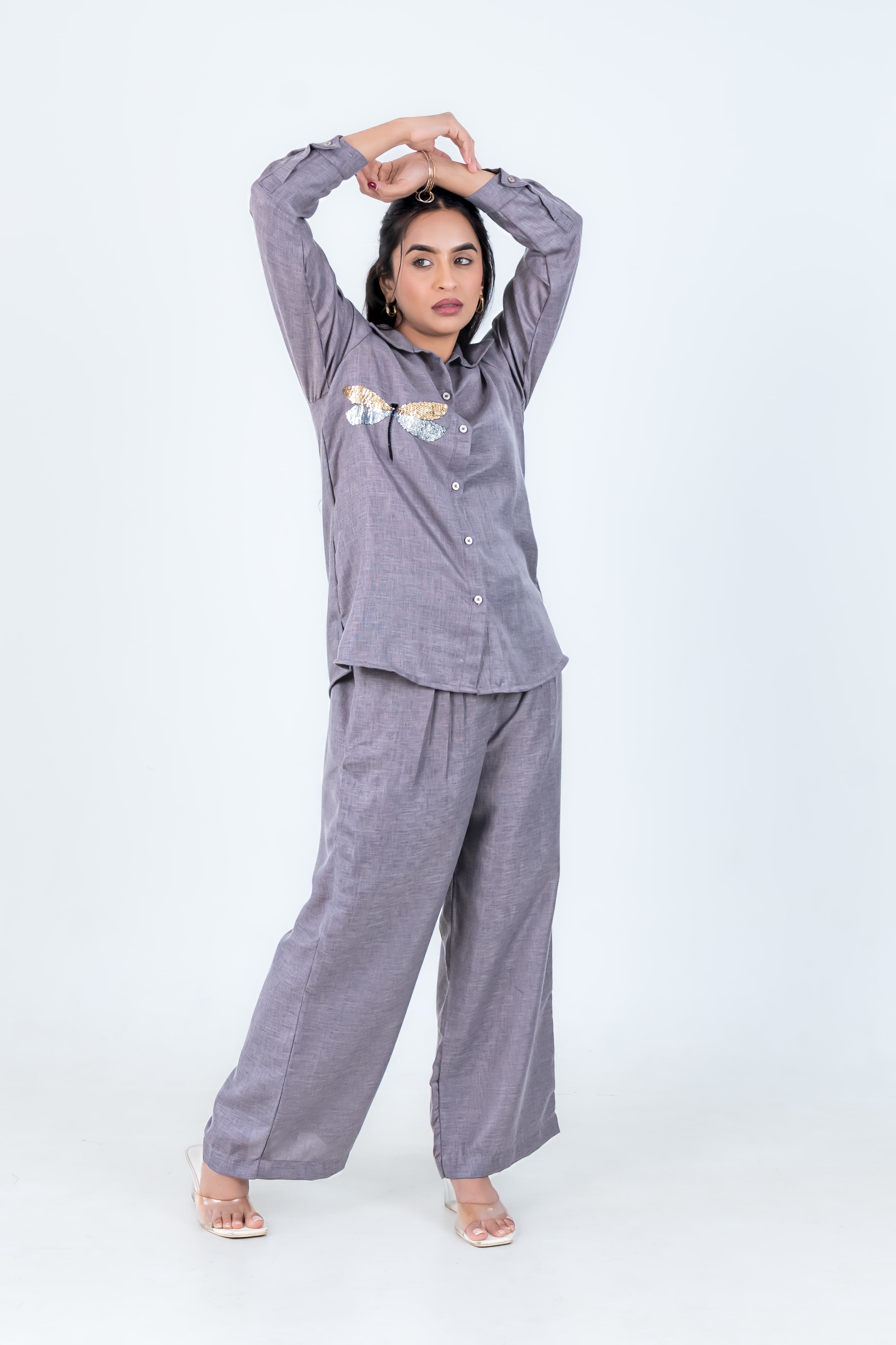 Grey Linen Co-Ord with Dragonfly Embroidery