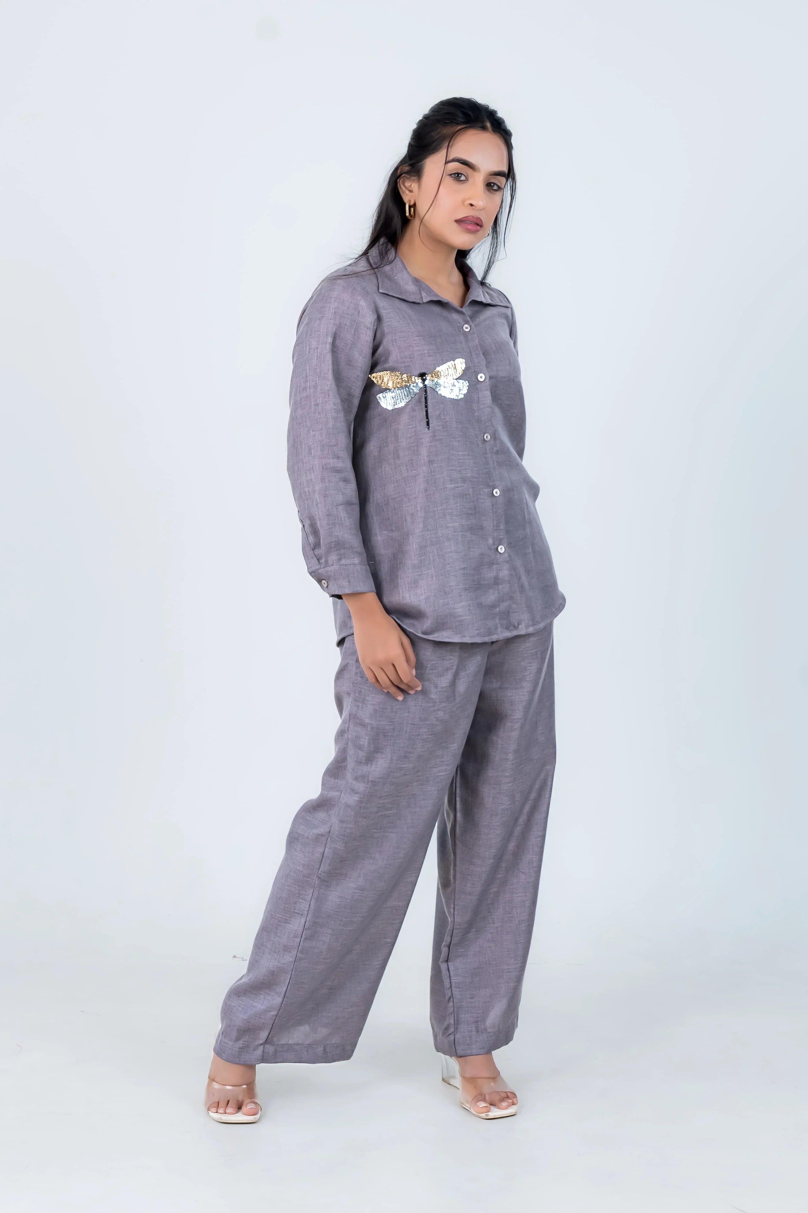 Grey Linen Co-Ord with Dragonfly Embroidery