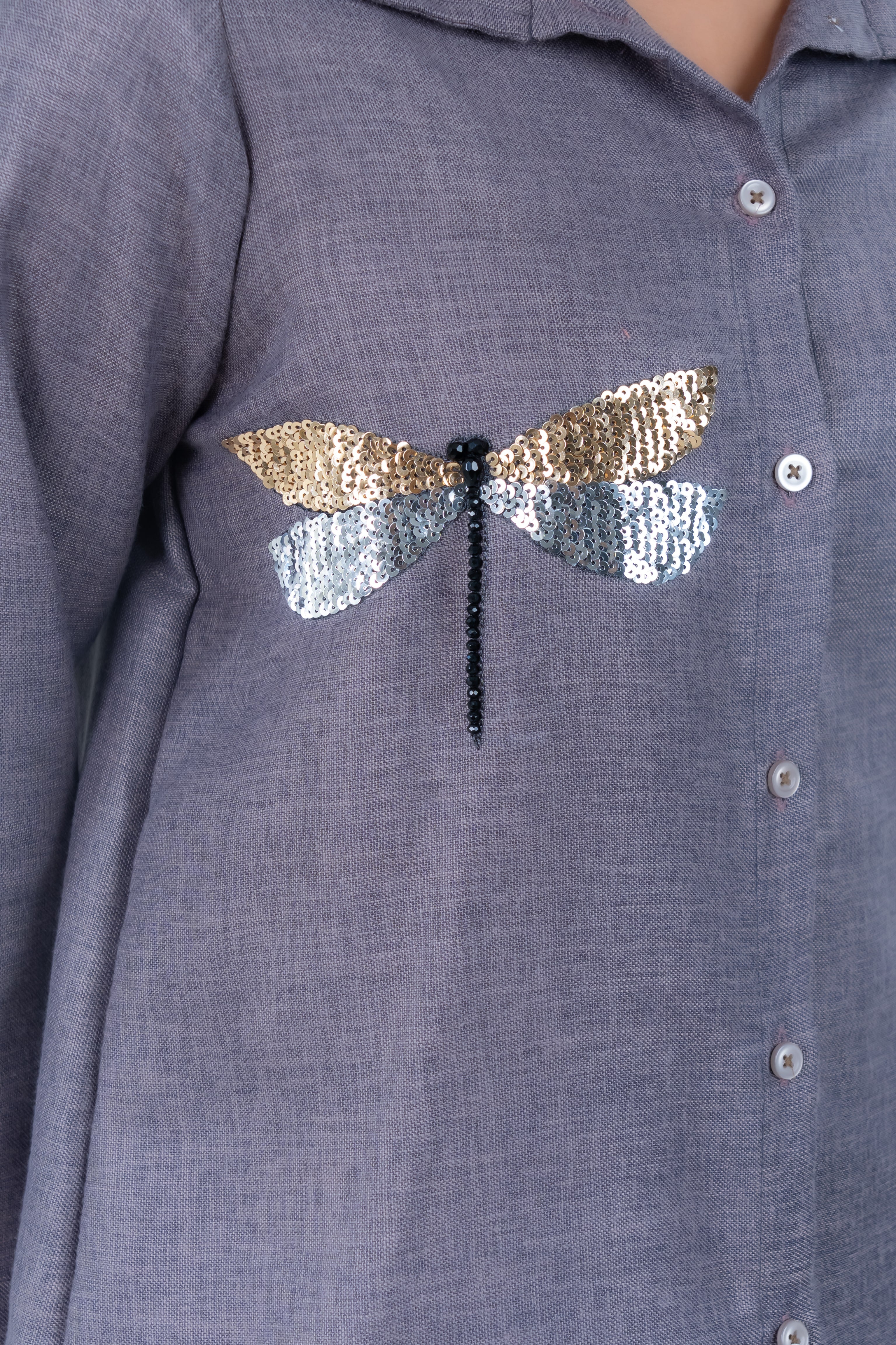 Grey Linen Co-Ord with Dragonfly Embroidery