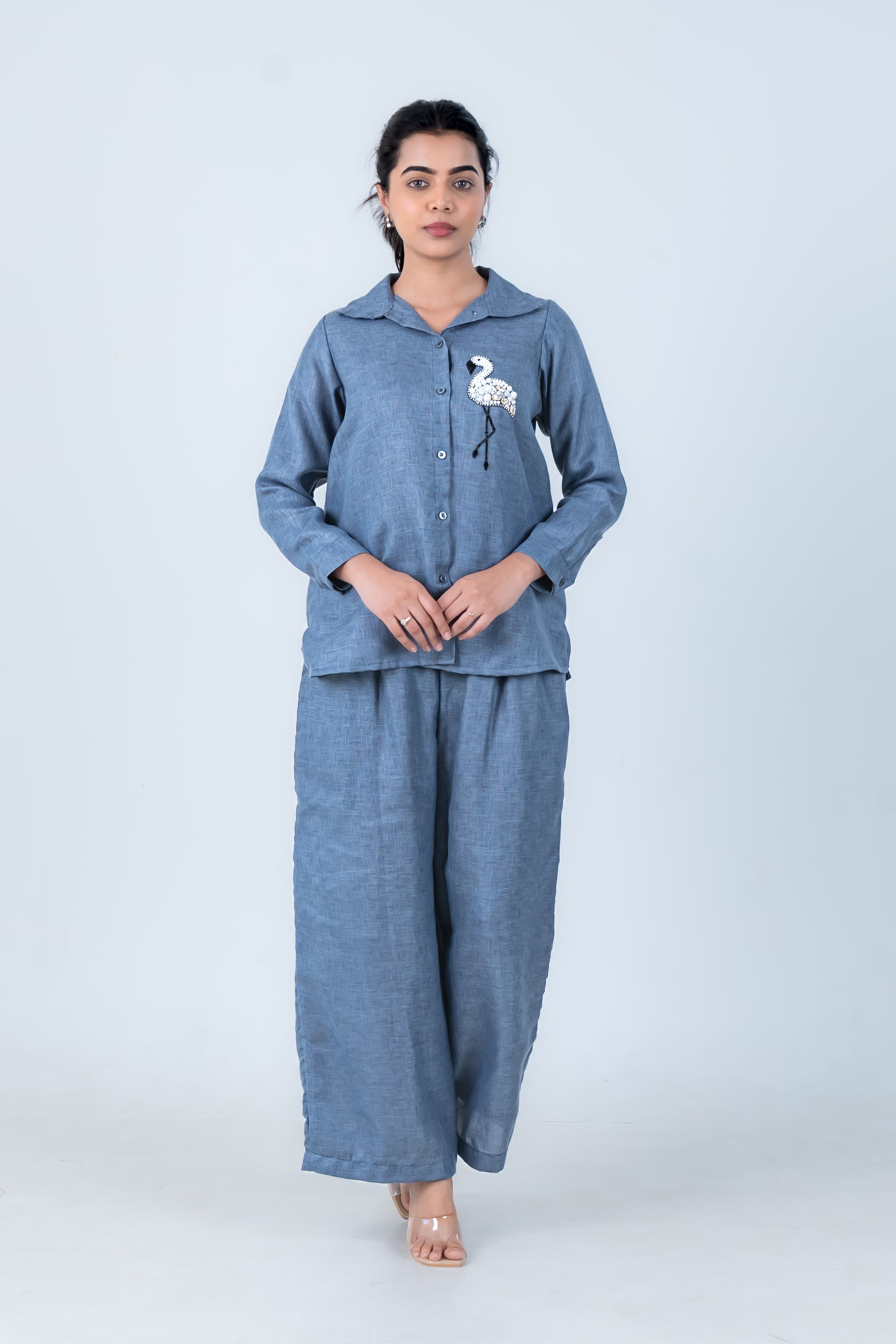 Twilight Linen Co-Ord with Flamingo Embroidery