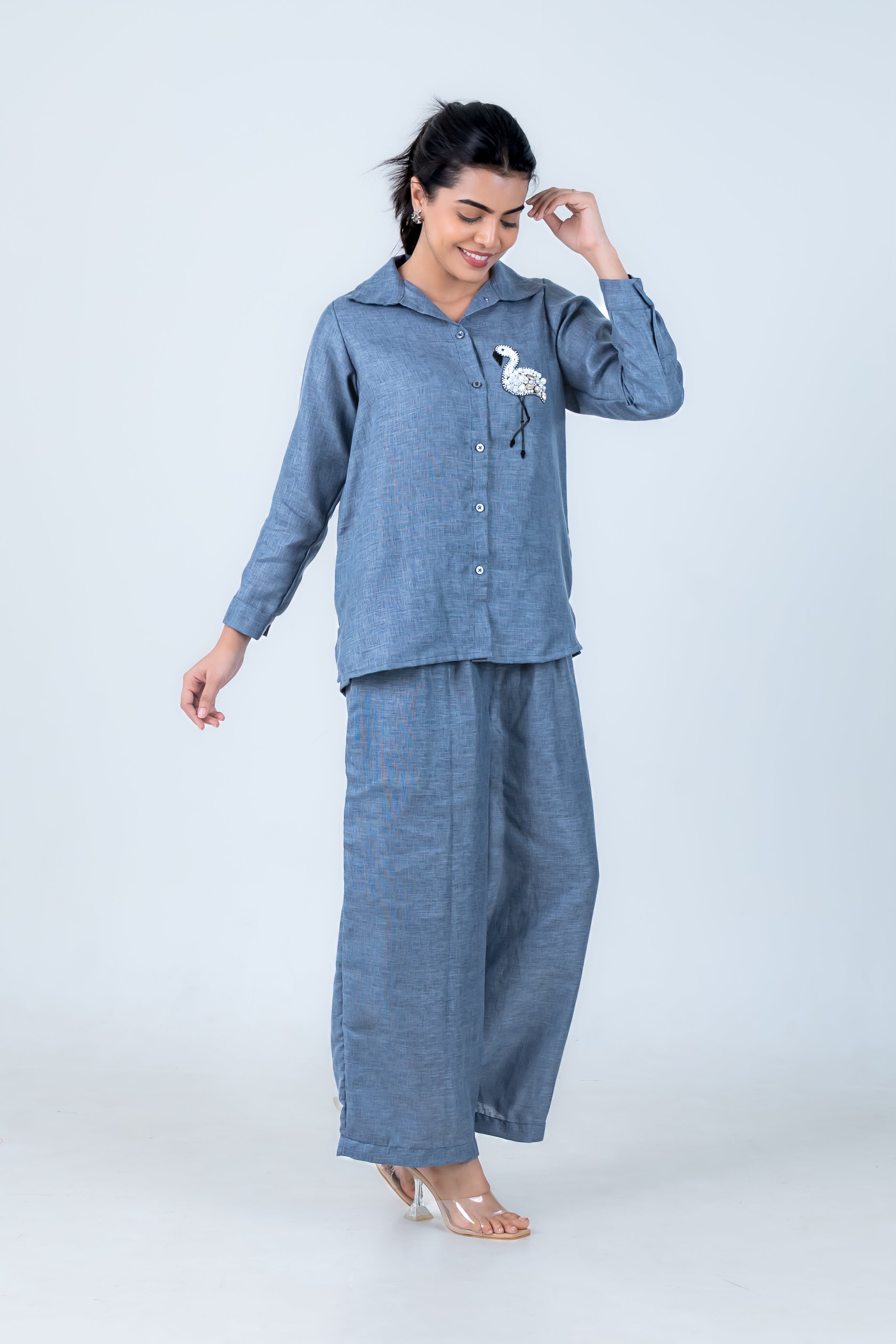 Twilight Linen Co-Ord with Flamingo Embroidery