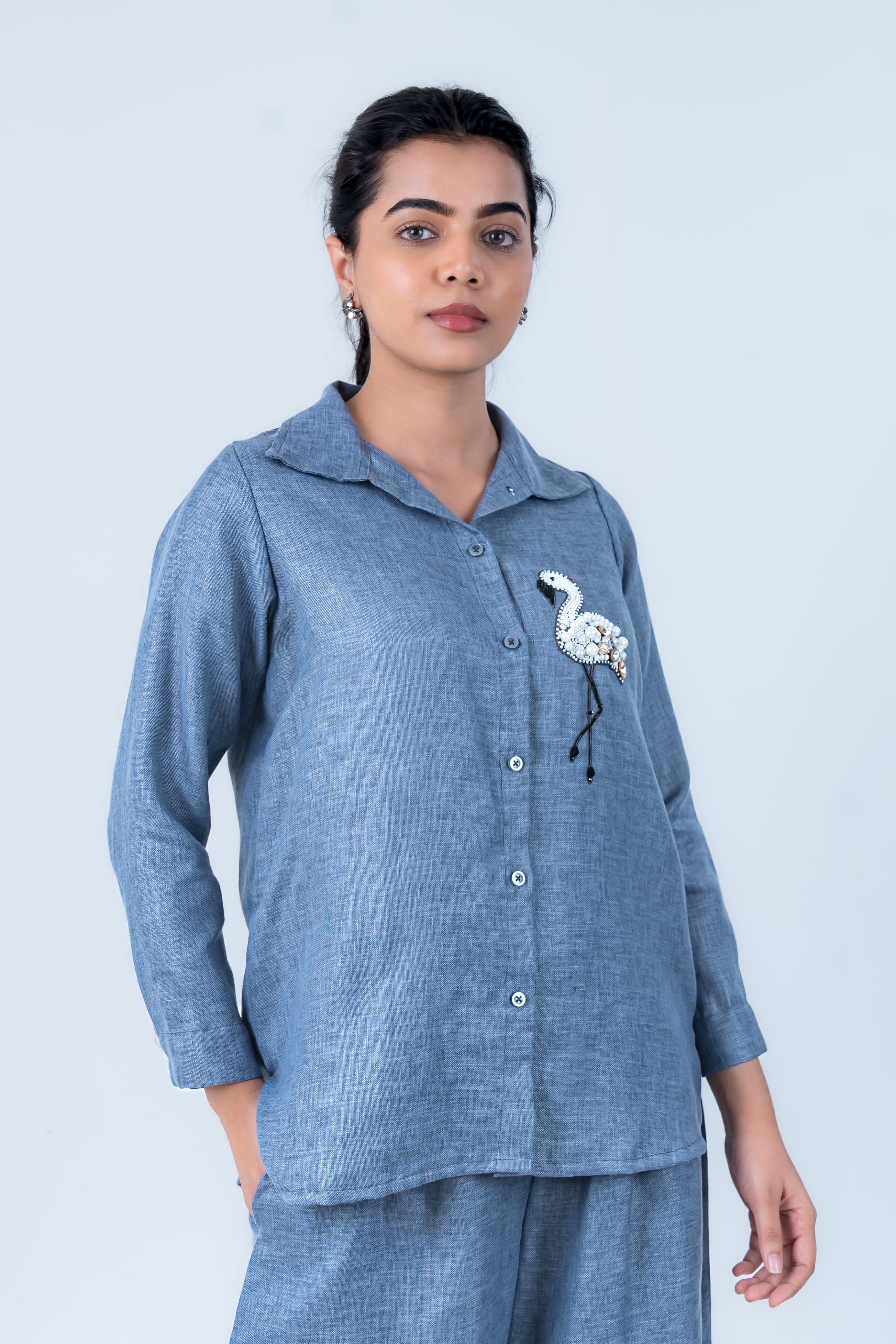 Twilight Linen Co-Ord with Flamingo Embroidery