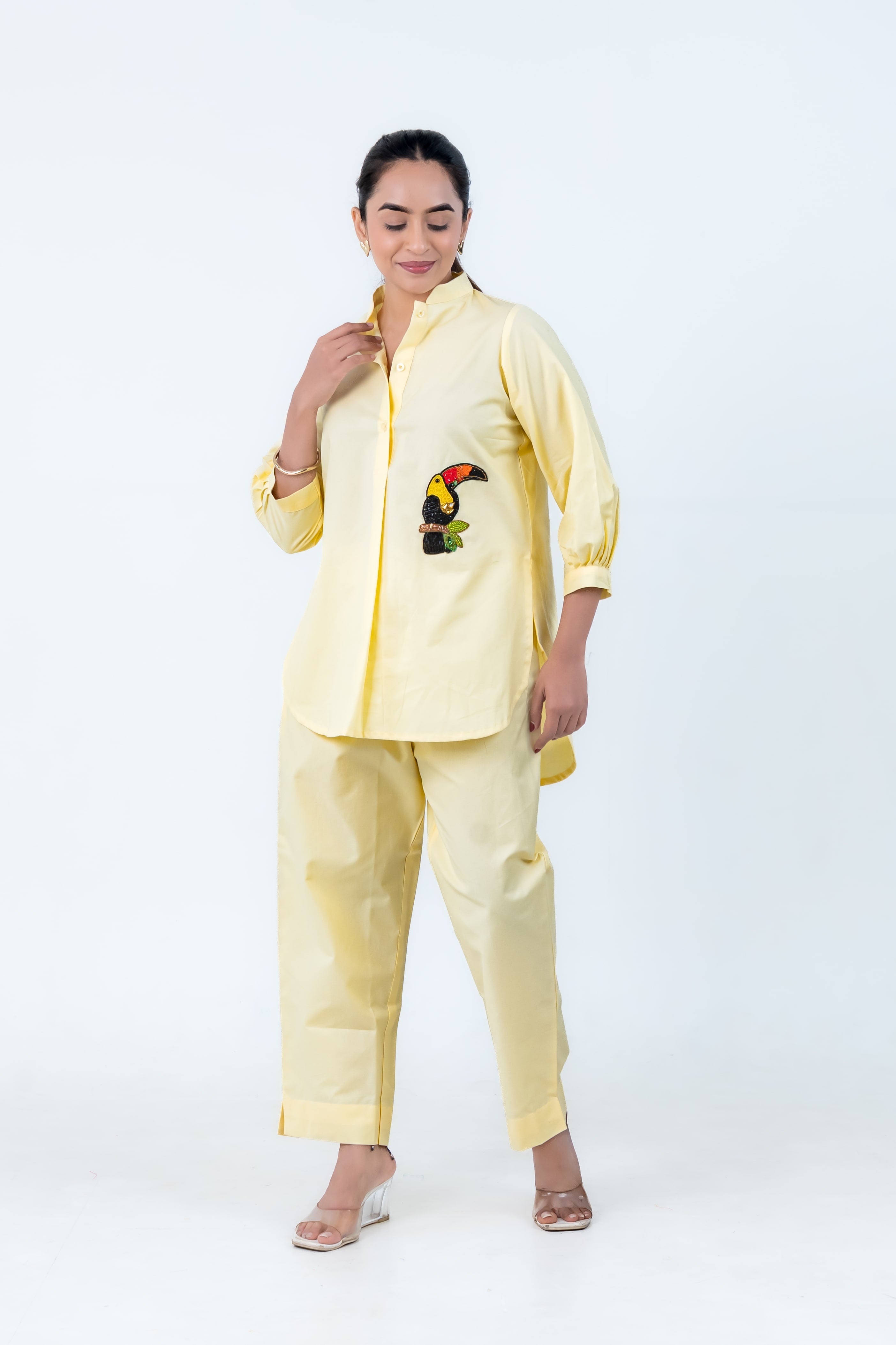 Butter Yellow Cotton Co-Ord with Toucan Embroidery