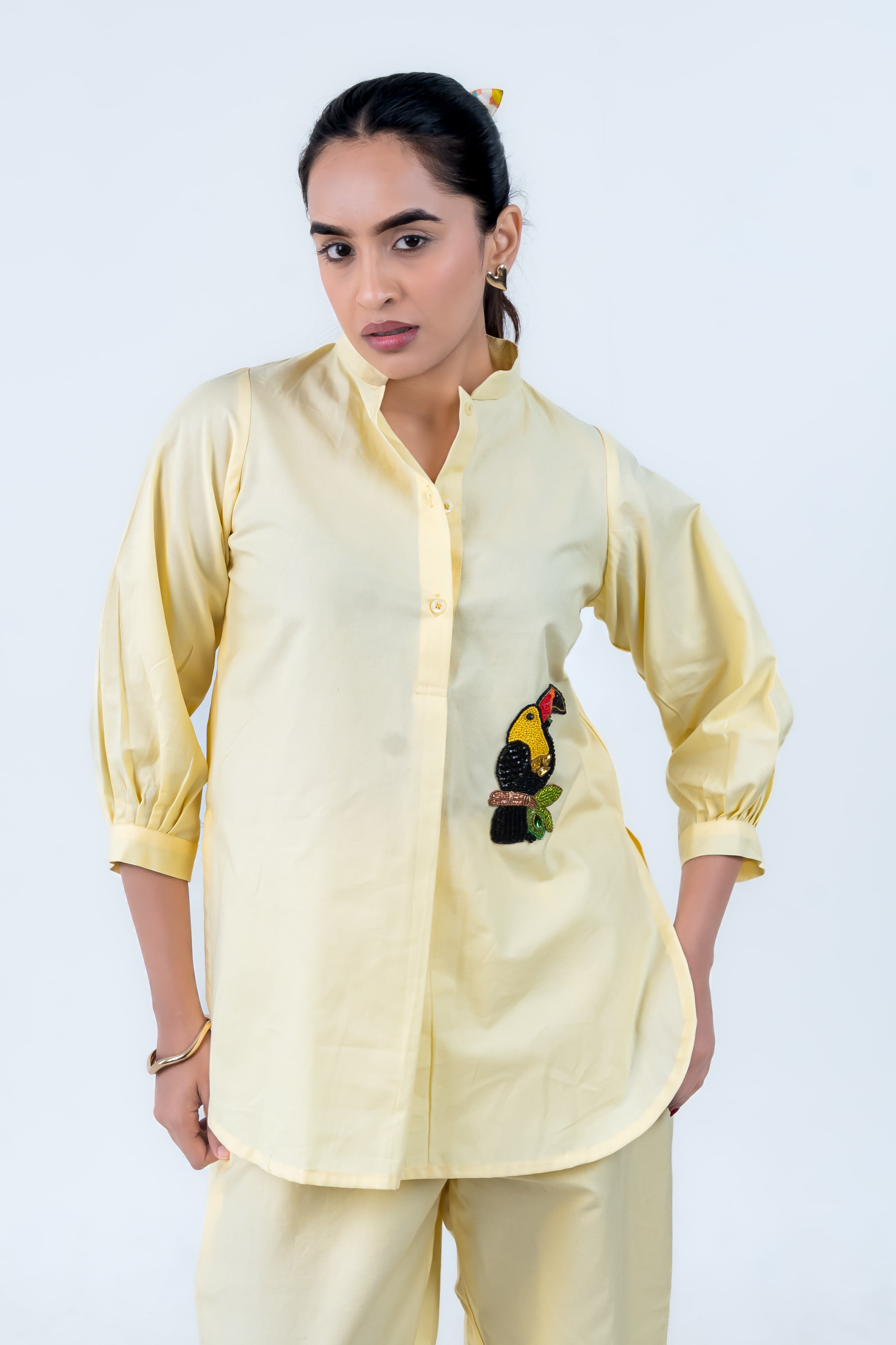 Butter Yellow Cotton Co-Ord with Toucan Embroidery