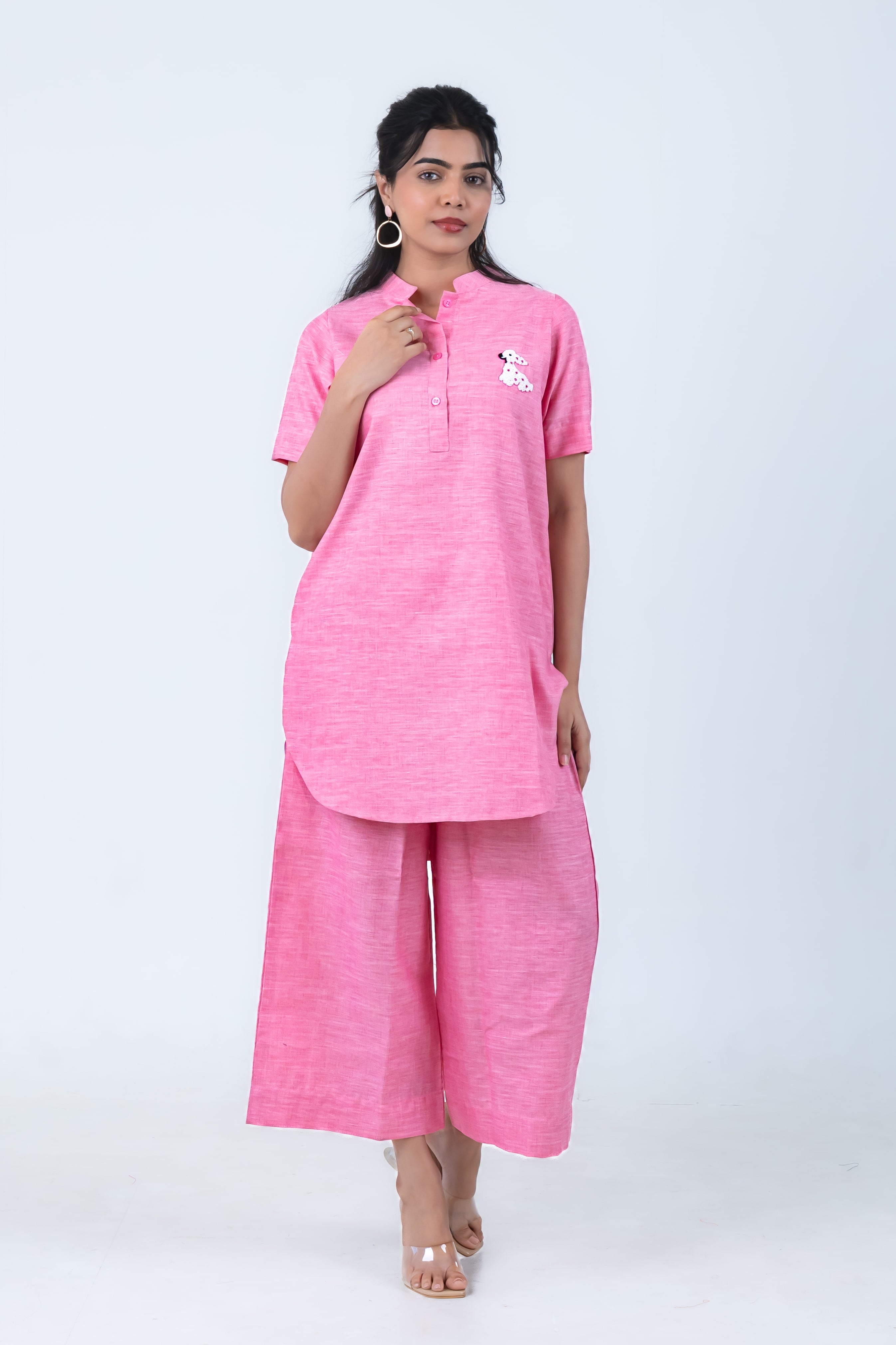 Bubblegum Pink Cotton Co-Ord with Puppy Embroidery