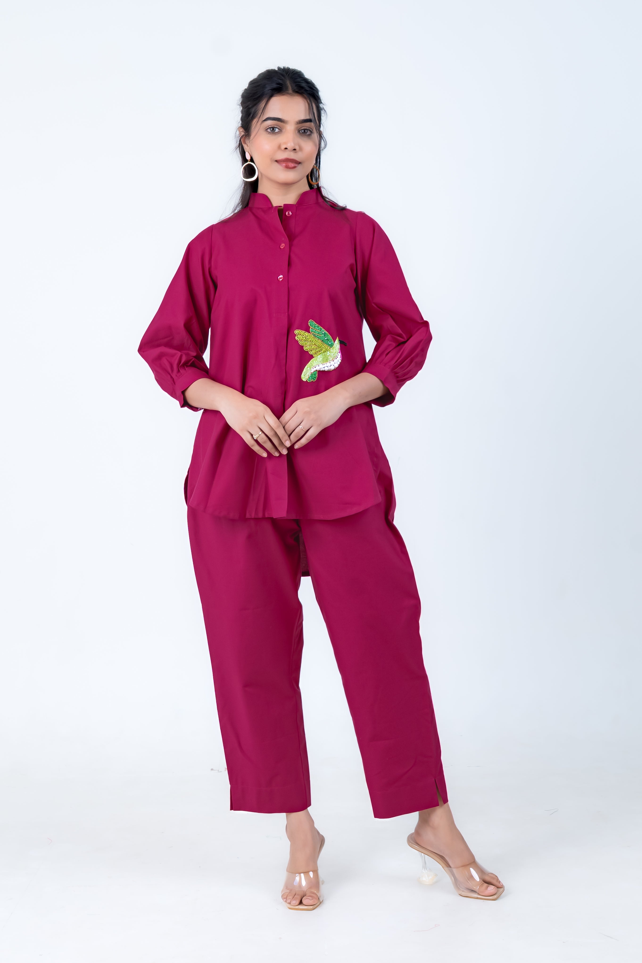 Wine Cotton Co-Ord with Bird Embroidery