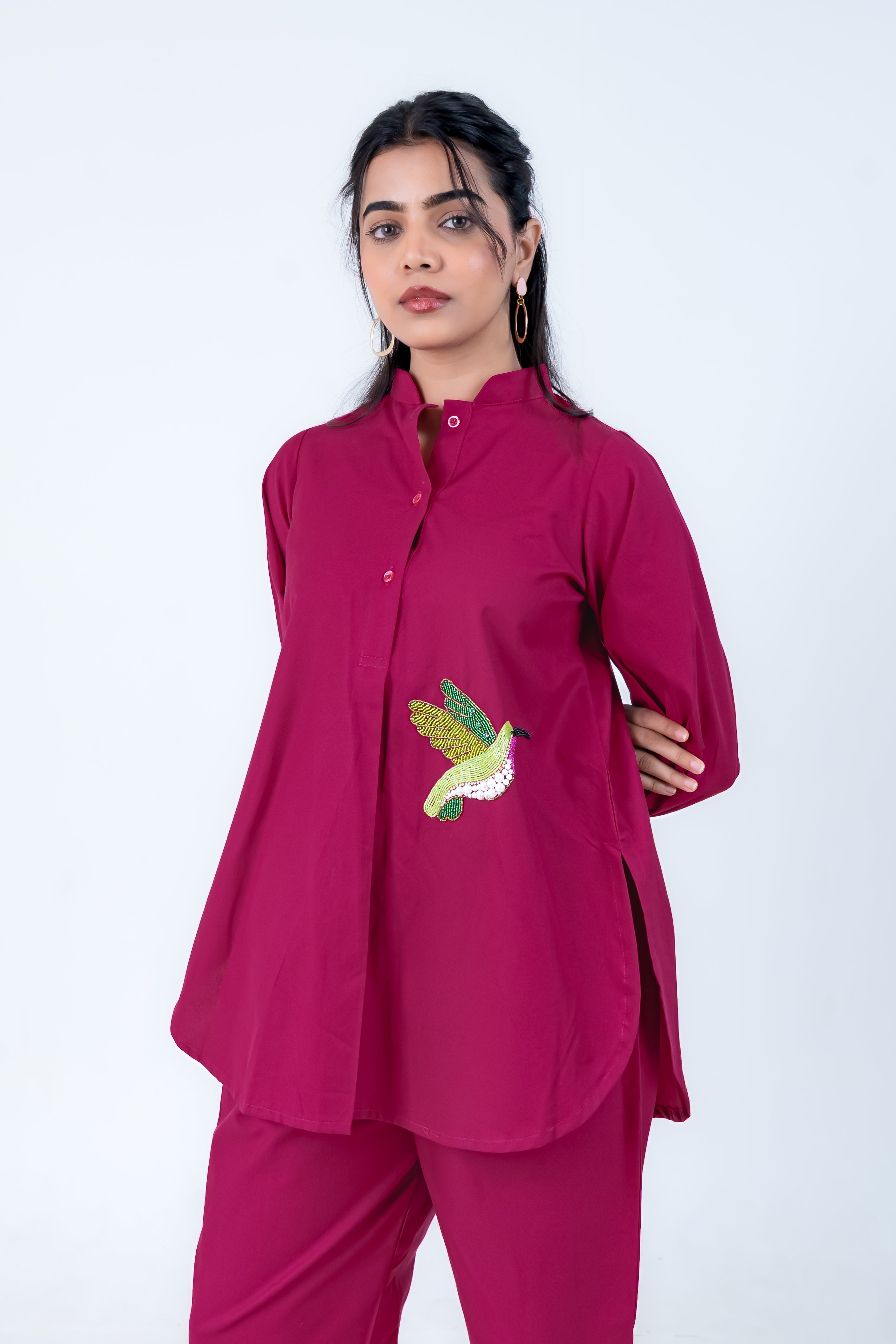 Wine Cotton Co-Ord with Bird Embroidery