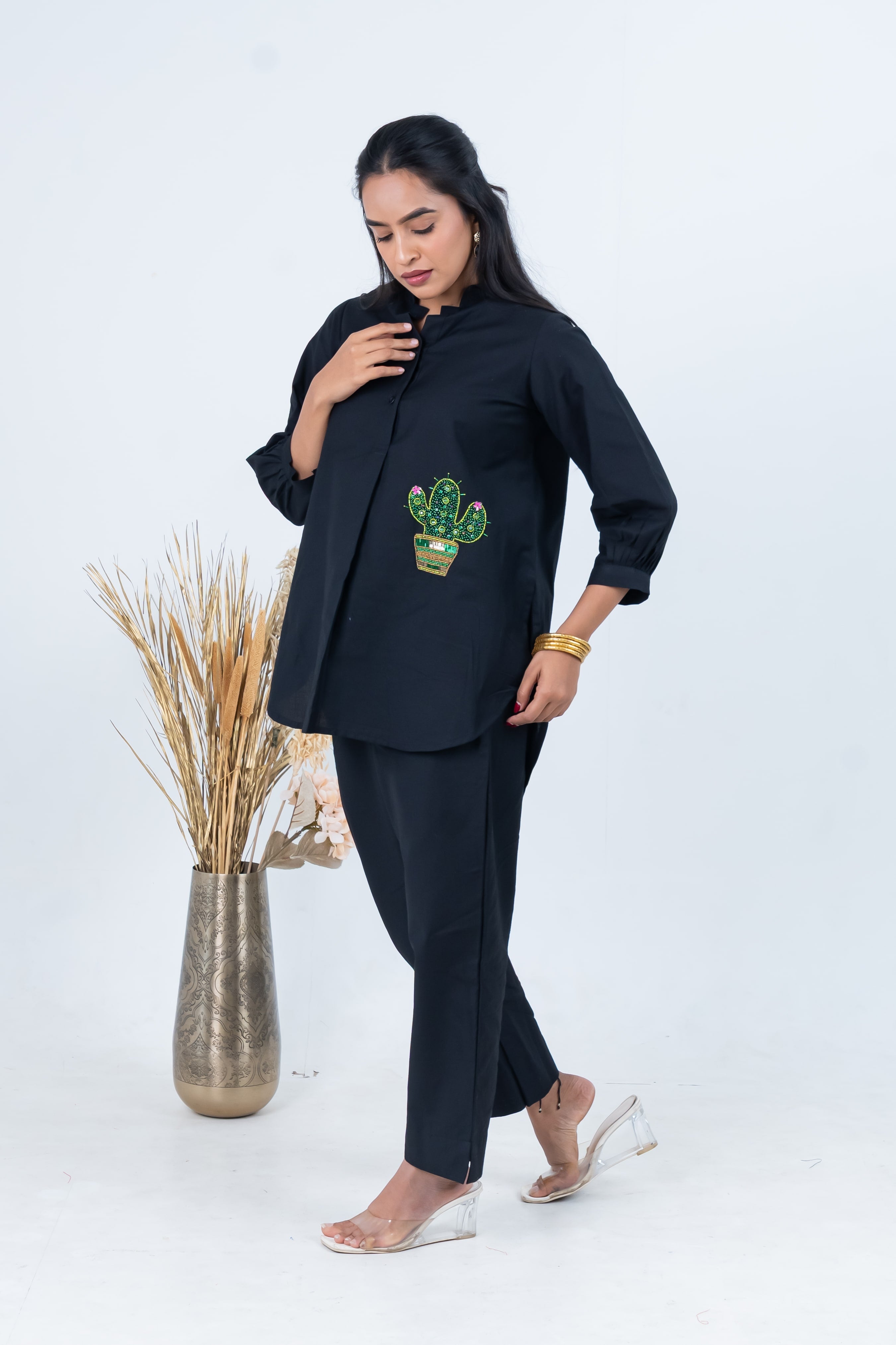 Black Cotton Co-Ord with Cactus Embroidery