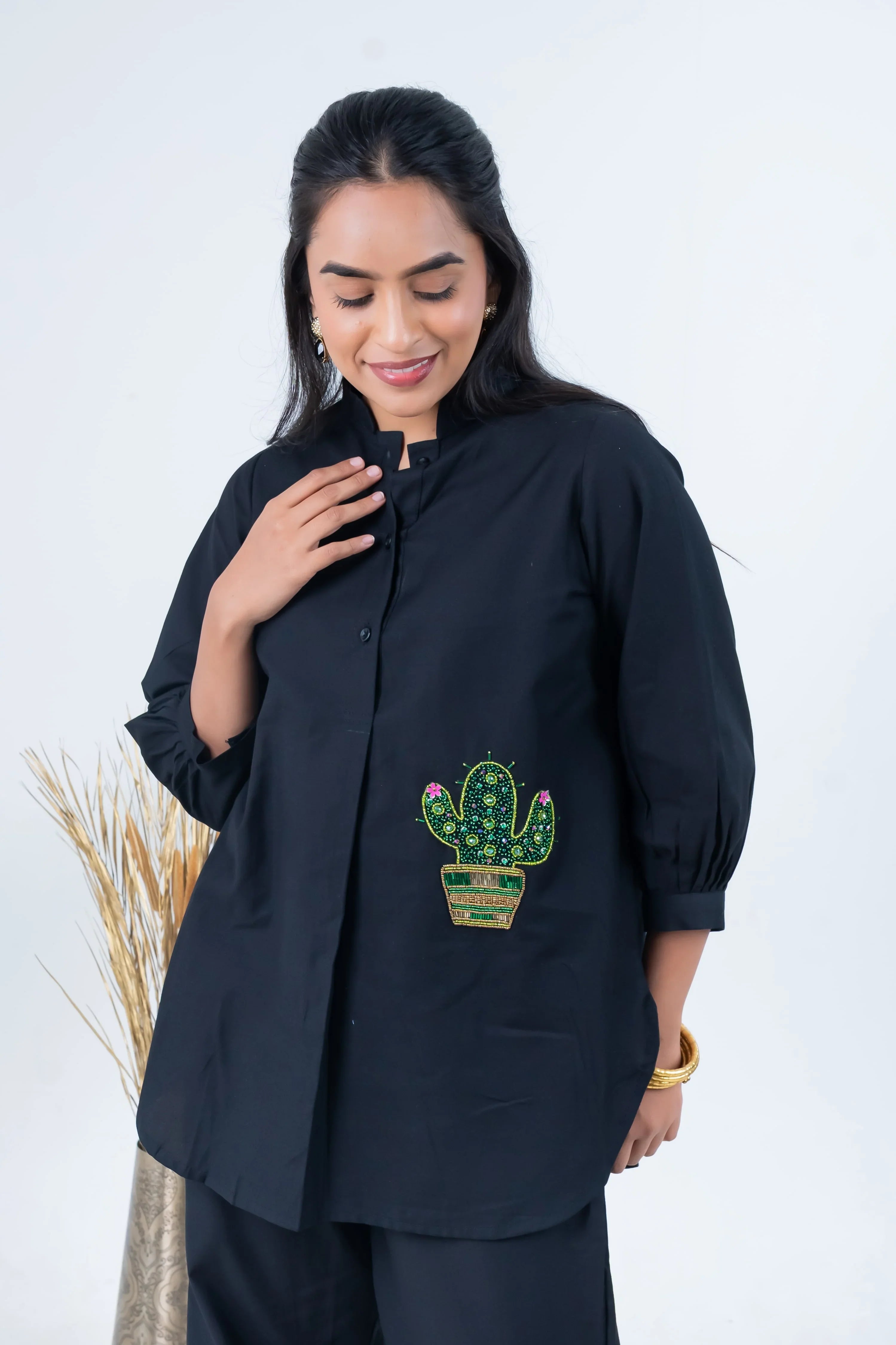 Black Cotton Co-Ord with Cactus Embroidery