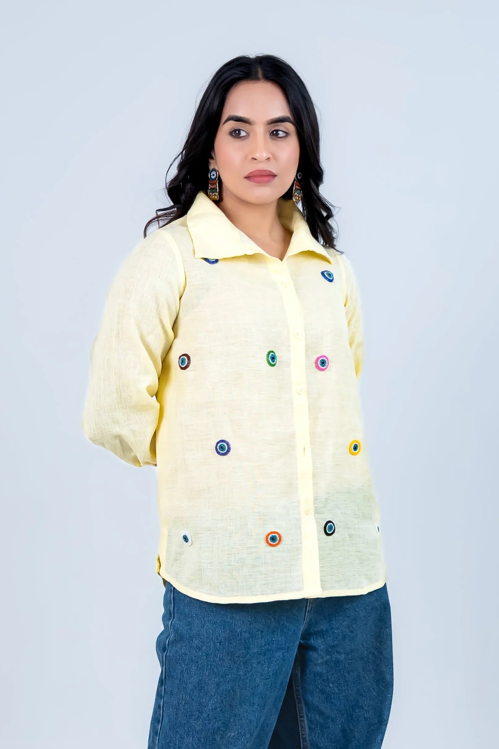 Yellow Cotton Linen Shirt With Evil Eye Embroidery