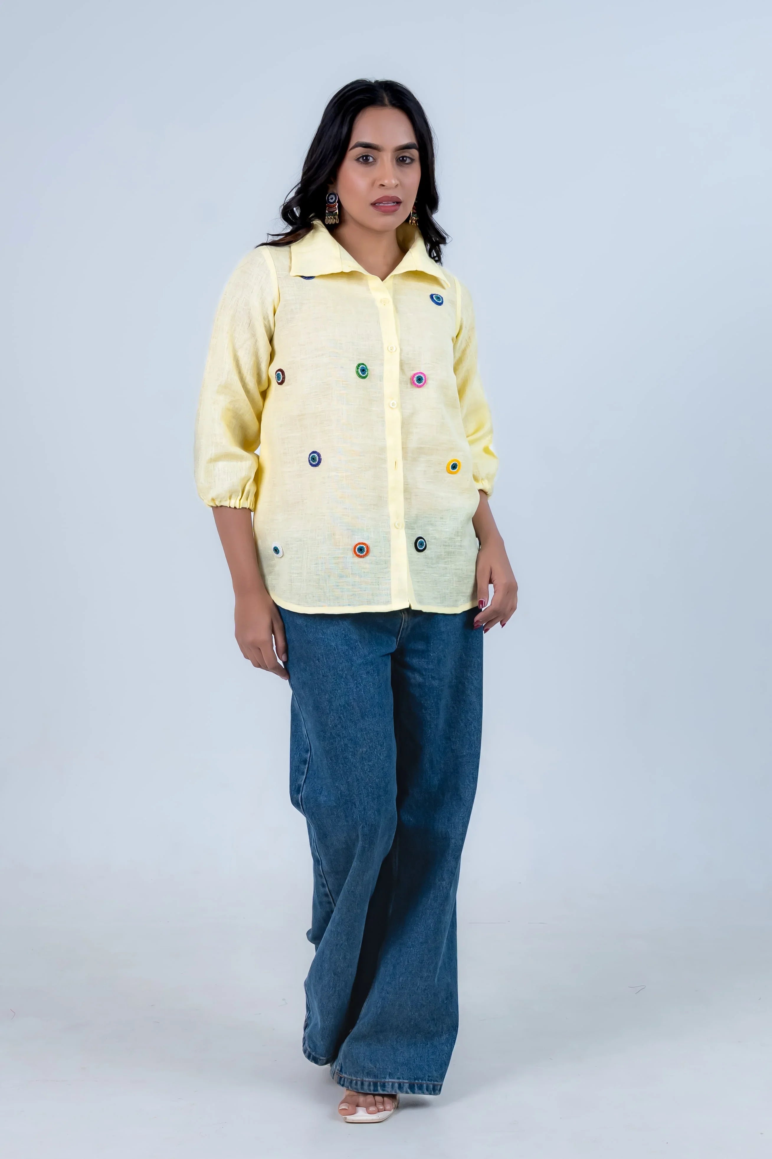 Yellow Cotton Linen Shirt With Evil Eye Embroidery