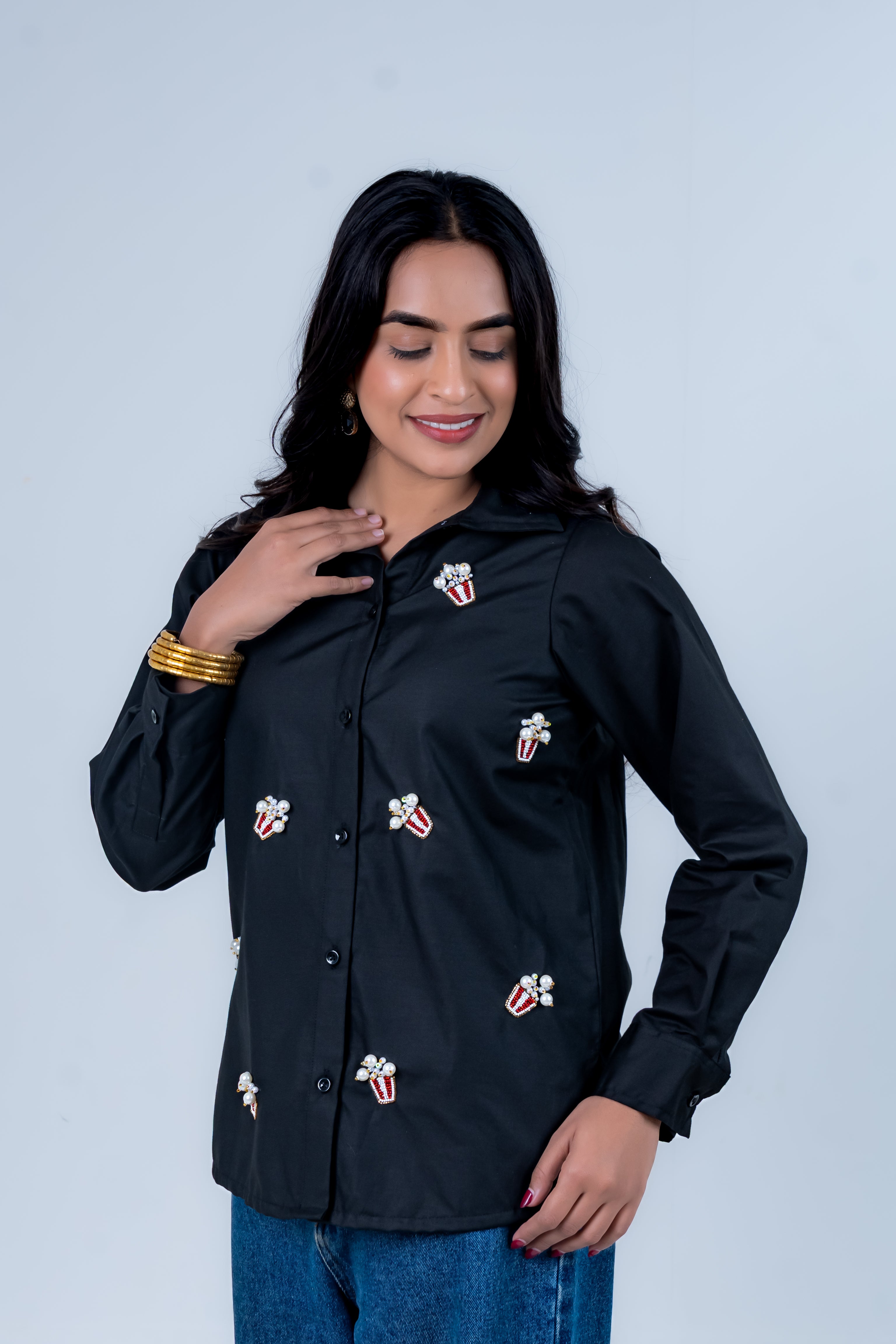 Black Cotton Shirt With Popcorn Embroidery