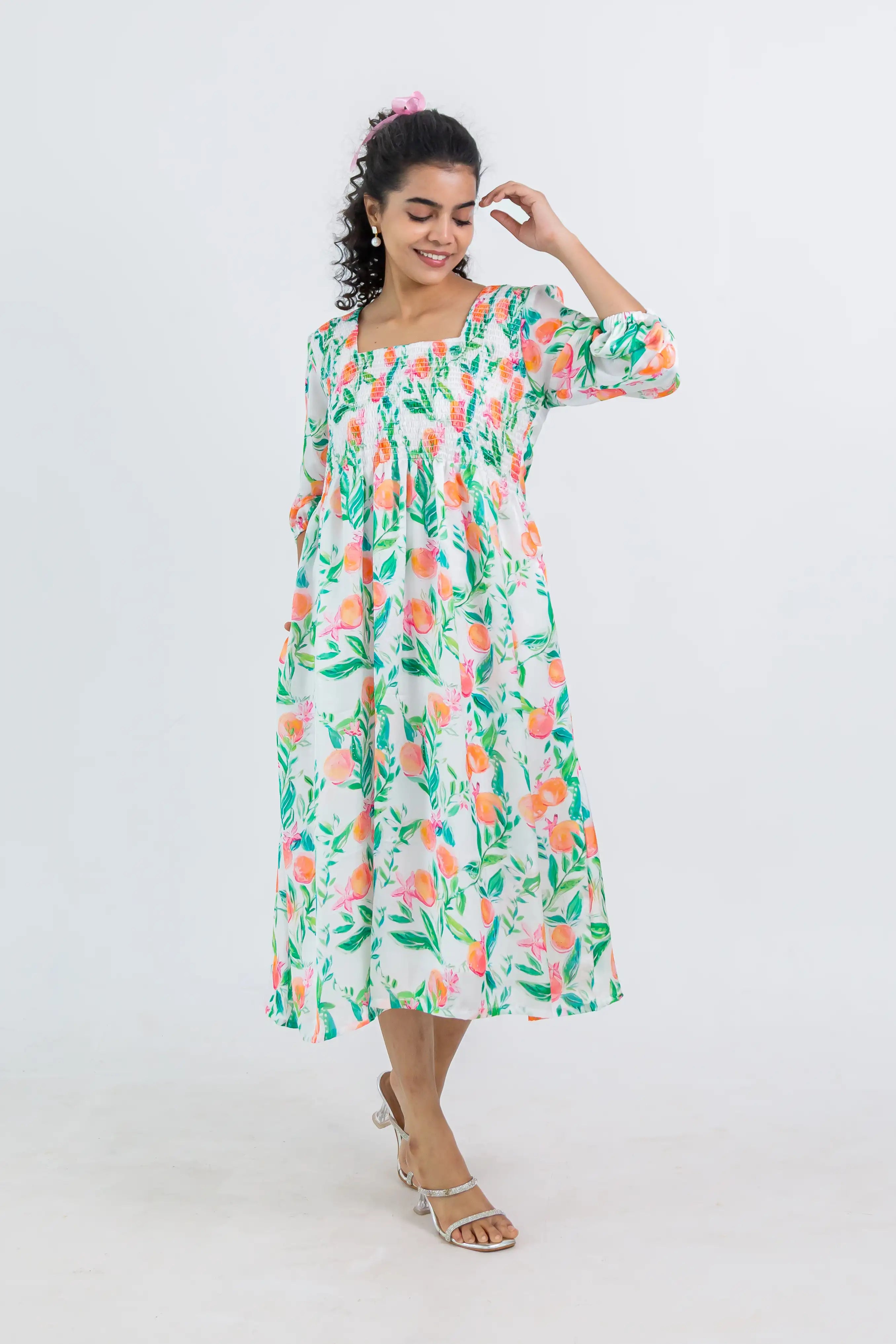 White Floral Print Smocked Georgette Dress