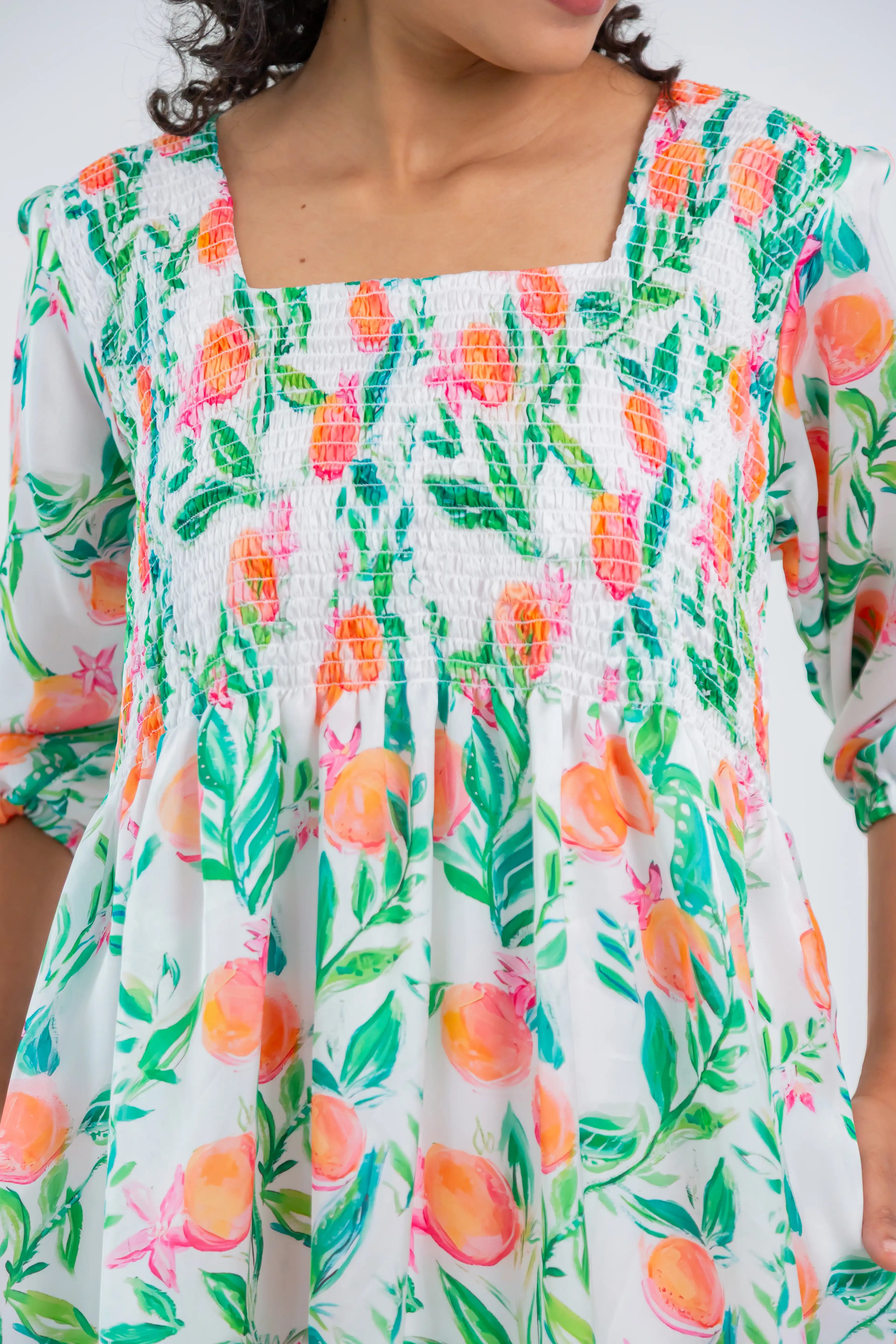 White Floral Print Smocked Georgette Dress