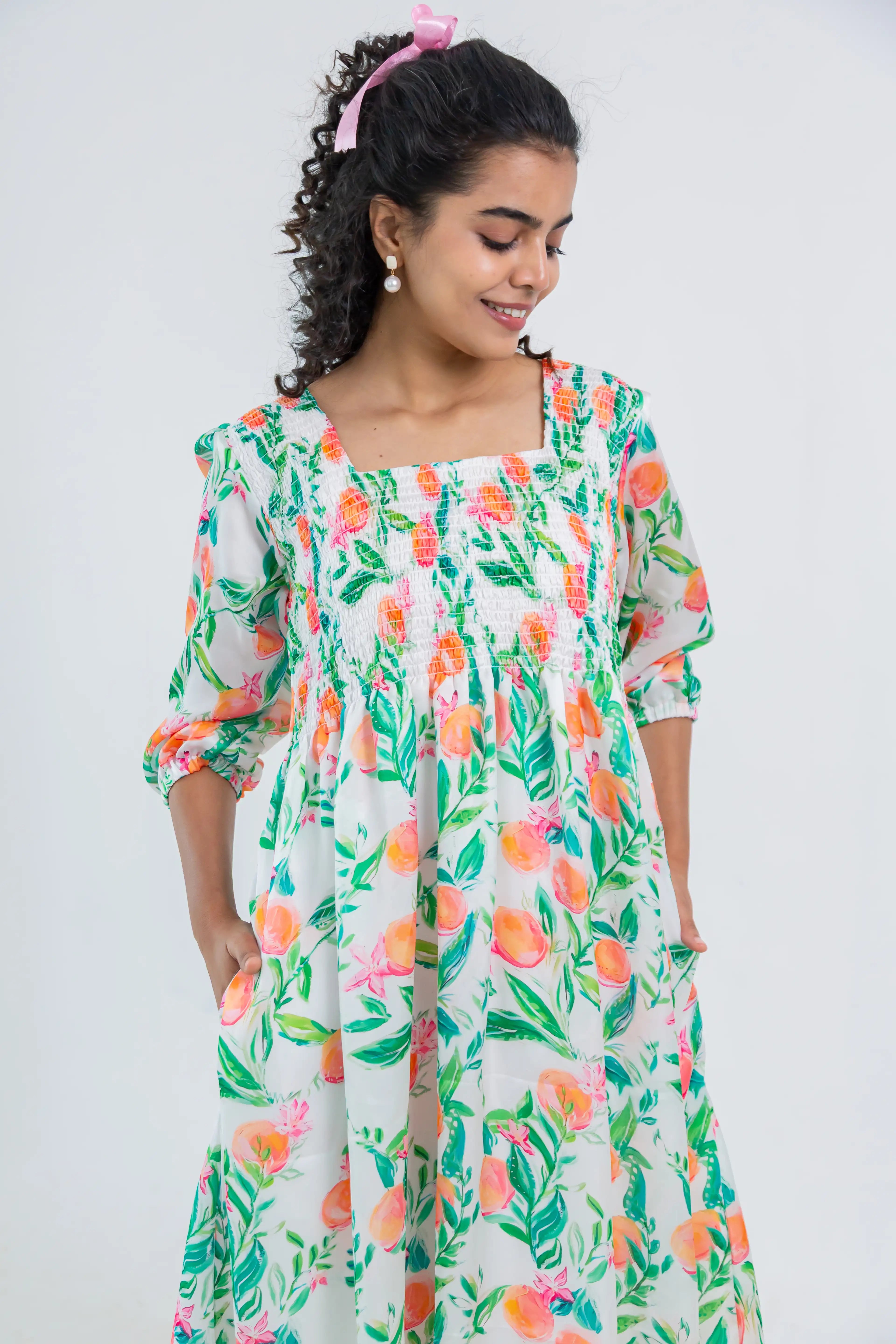 White Floral Print Smocked Georgette Dress