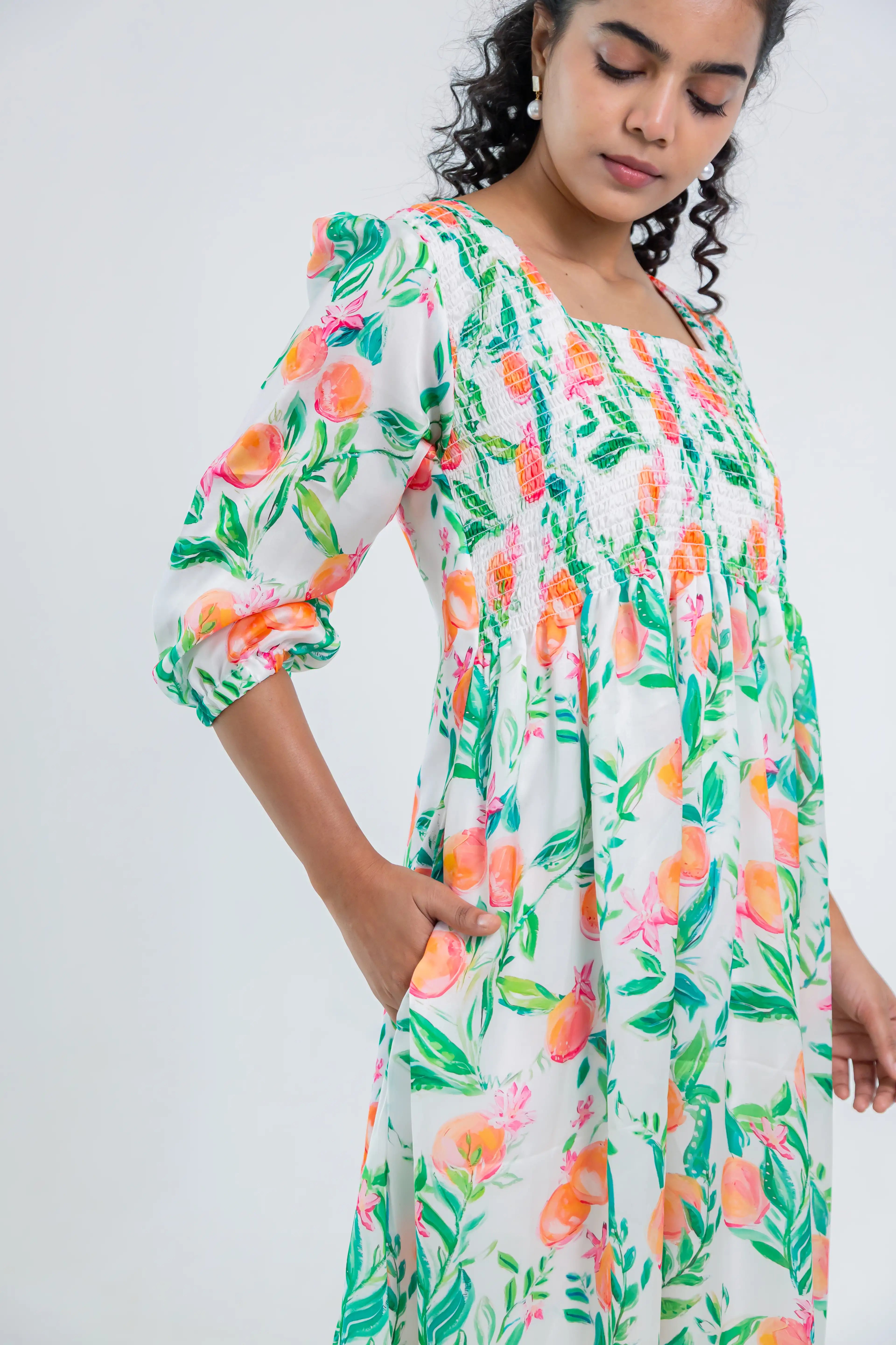 White Floral Print Smocked Georgette Dress