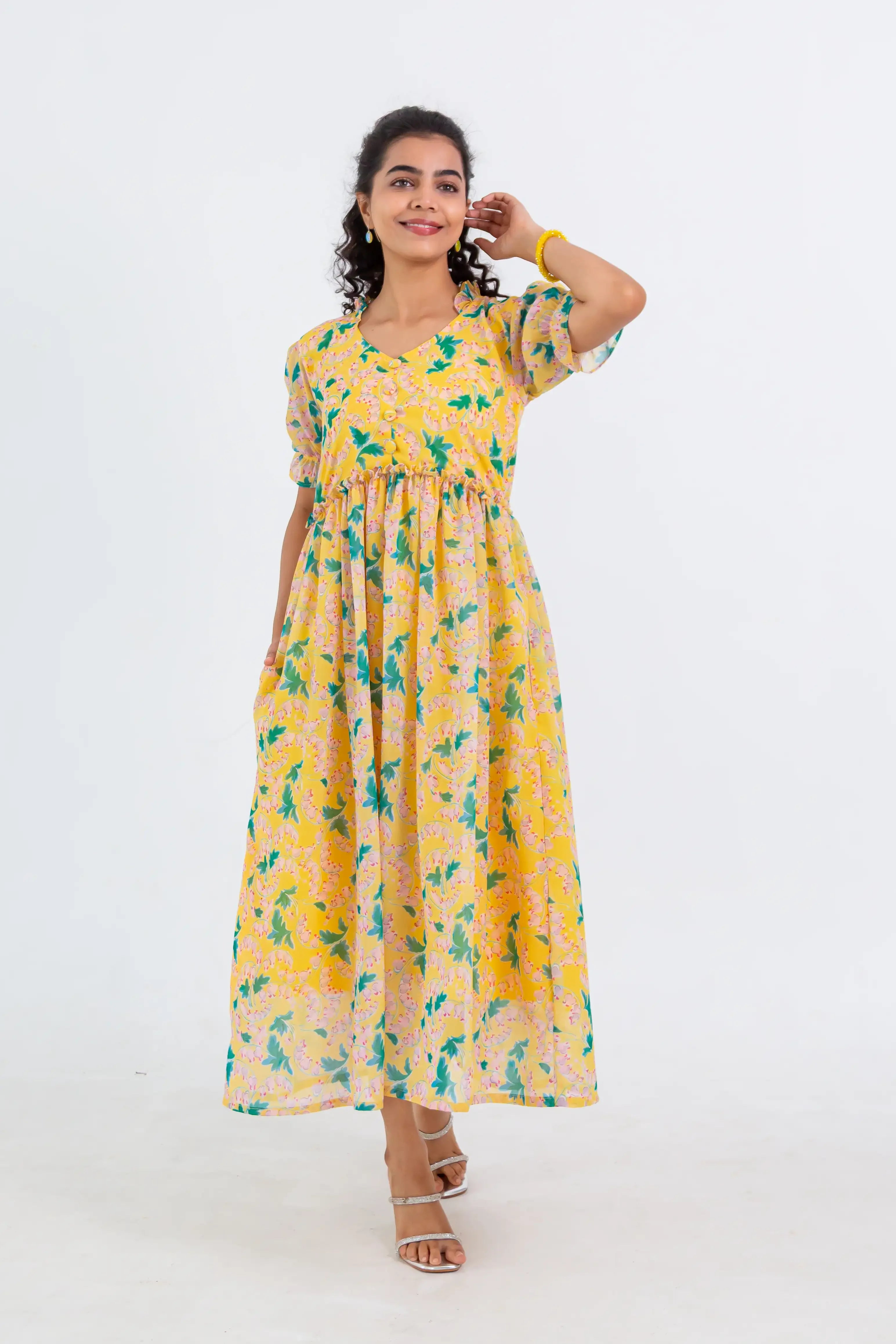 Yellow Floral Print Georgette Dress - Hello June
