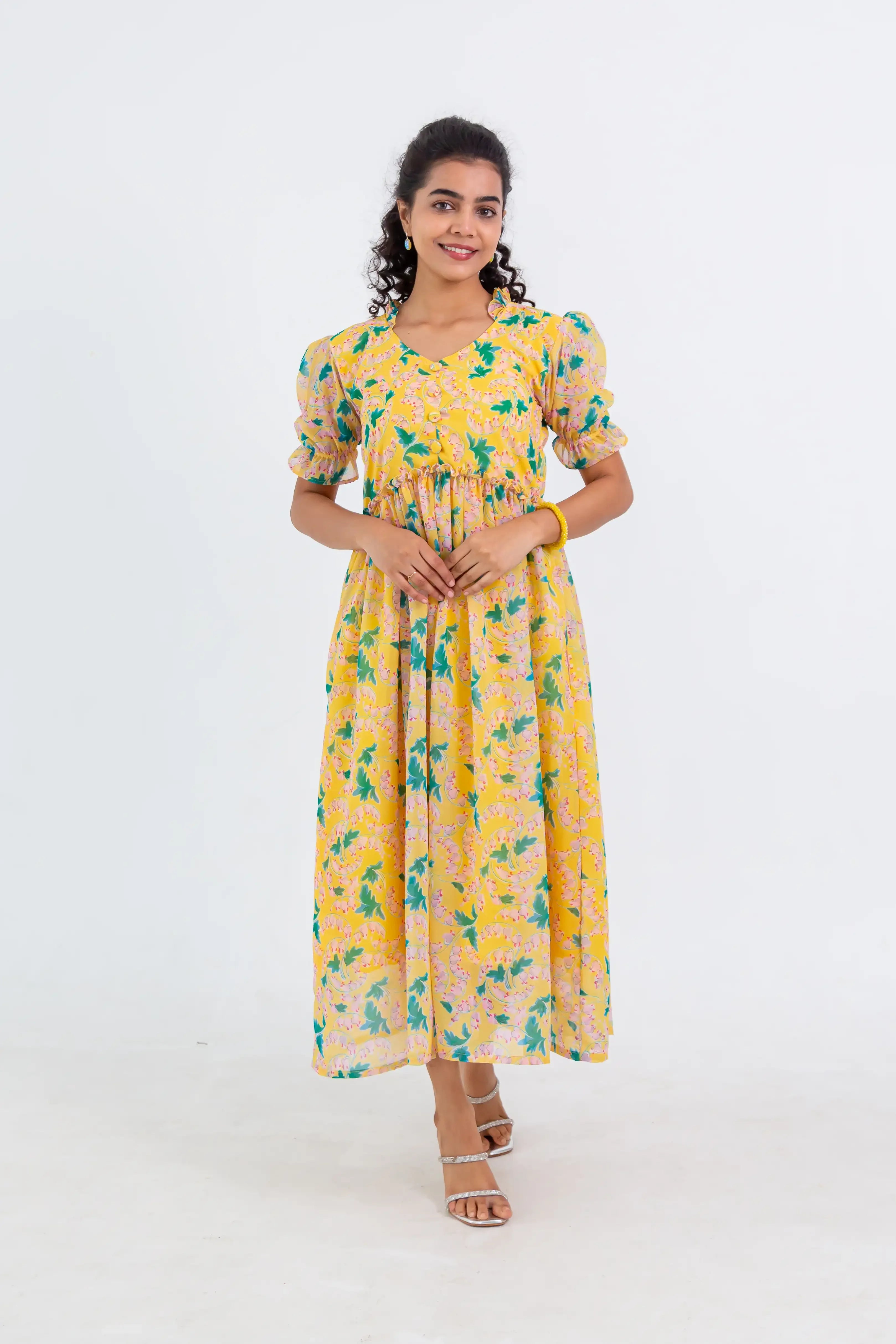 Yellow Floral Print Georgette Dress - Hello June