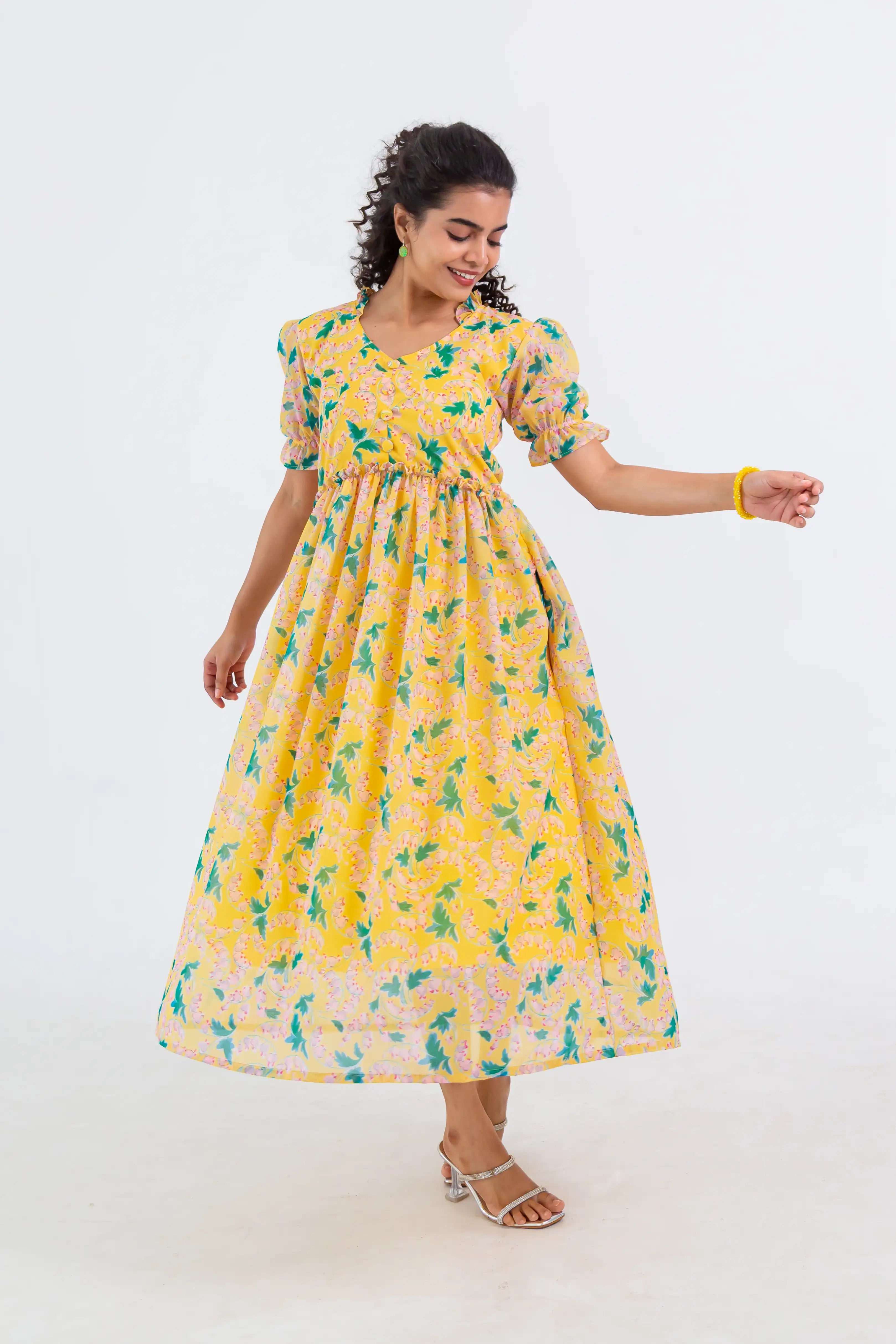 Yellow Floral Print Georgette Dress