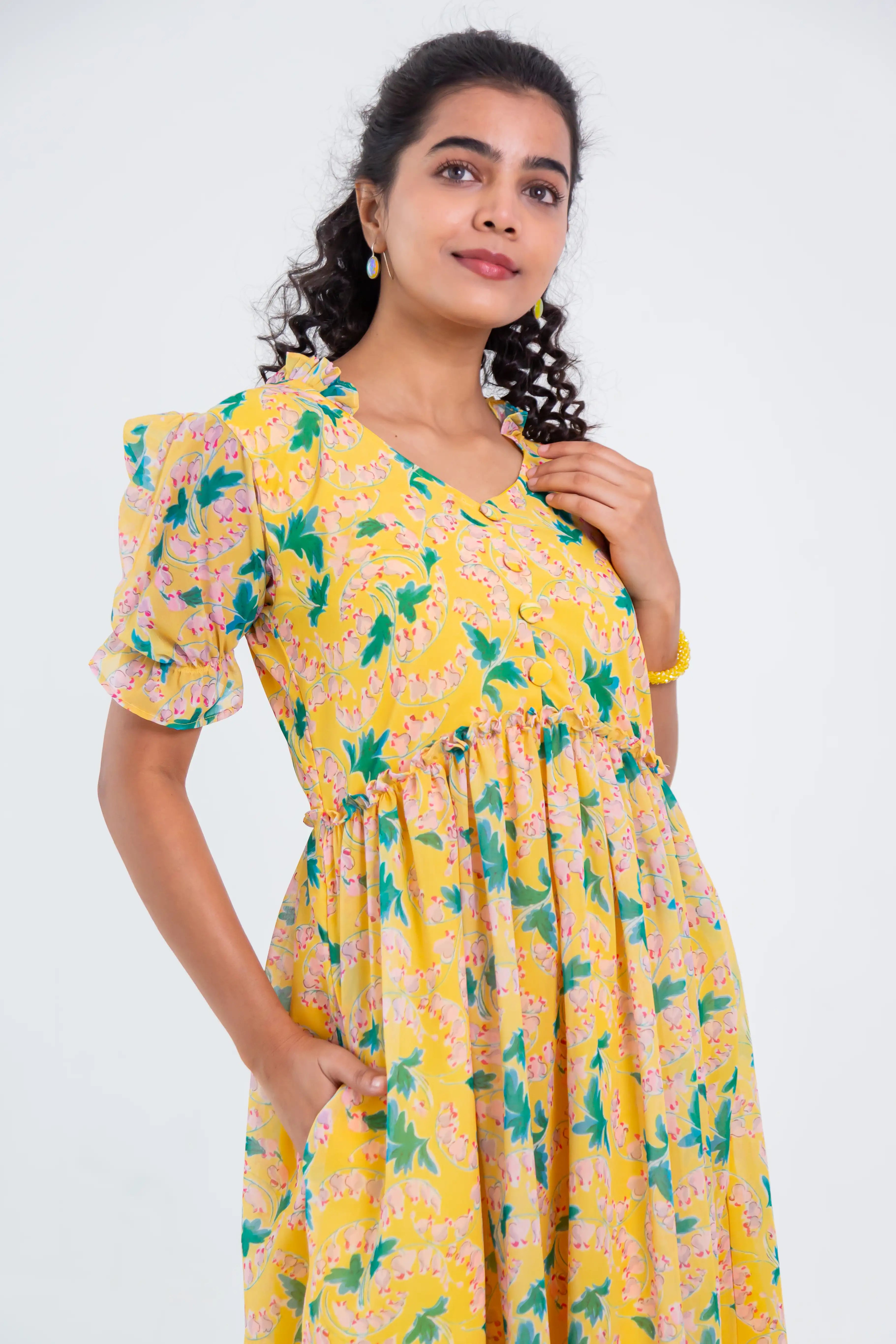 Yellow Floral Print Georgette Dress