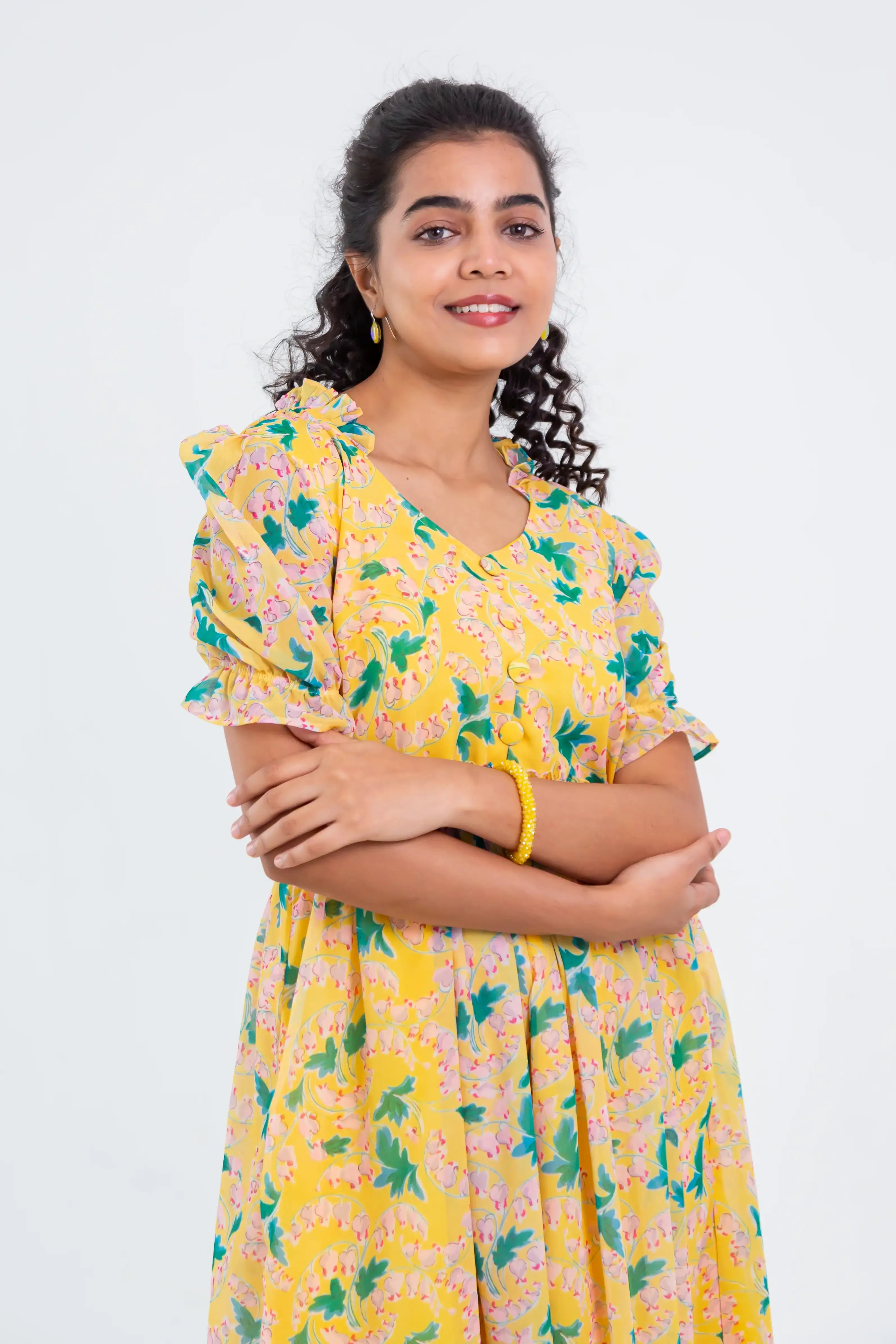 Yellow Floral Print Georgette Dress - Hello June