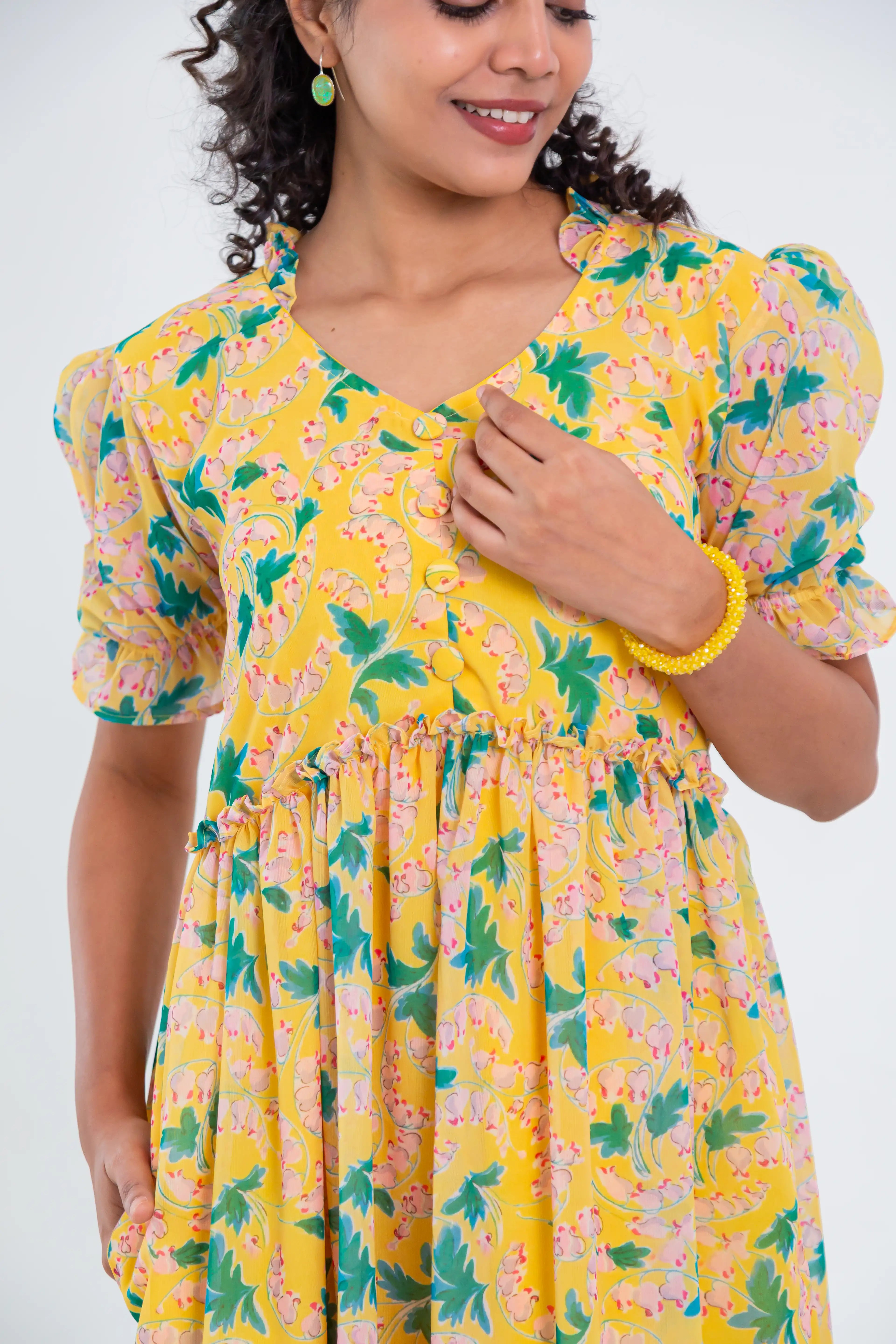 Yellow Floral Print Georgette Dress