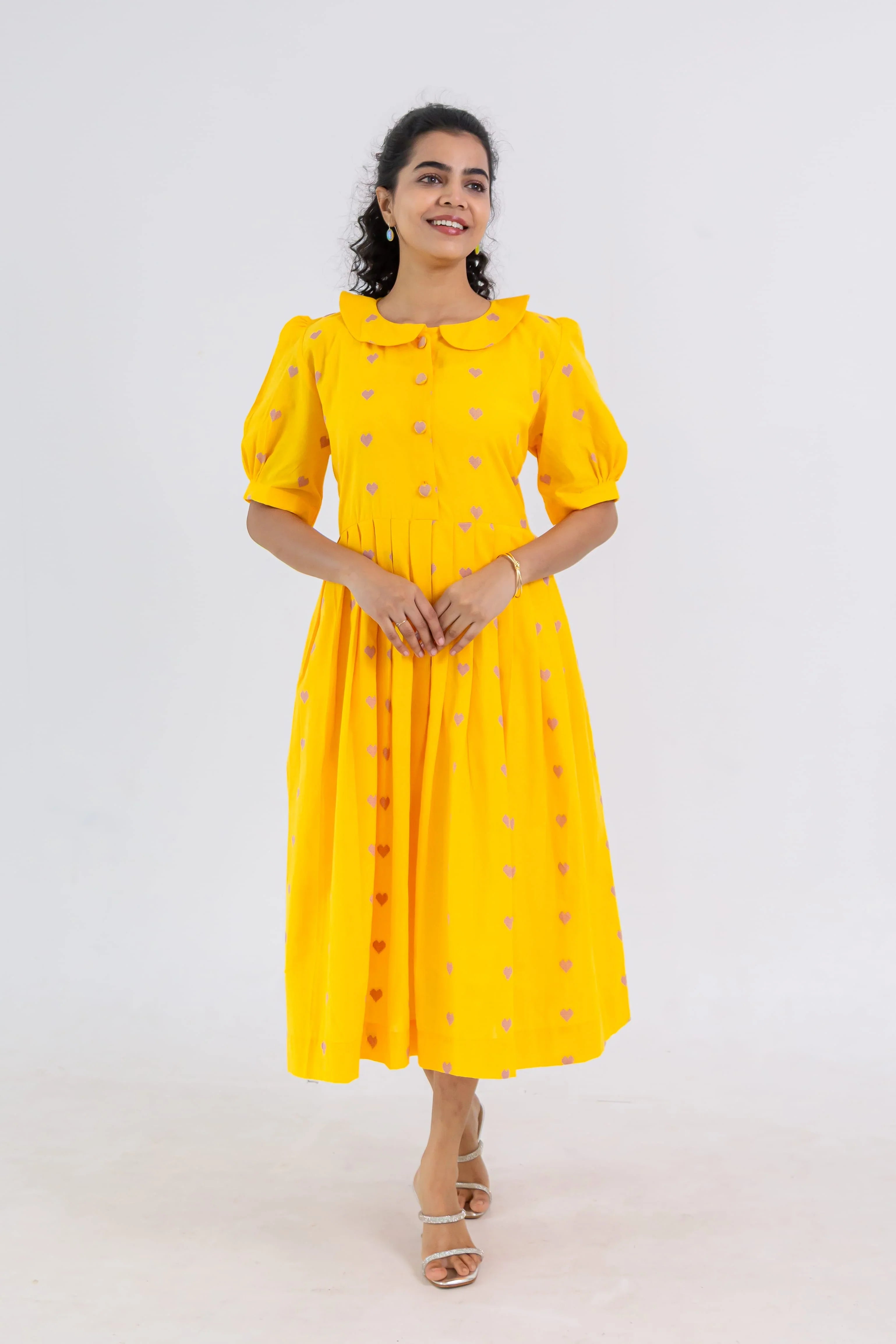Yellow Handloom Cotton Dress with Heart Butta - Hello June