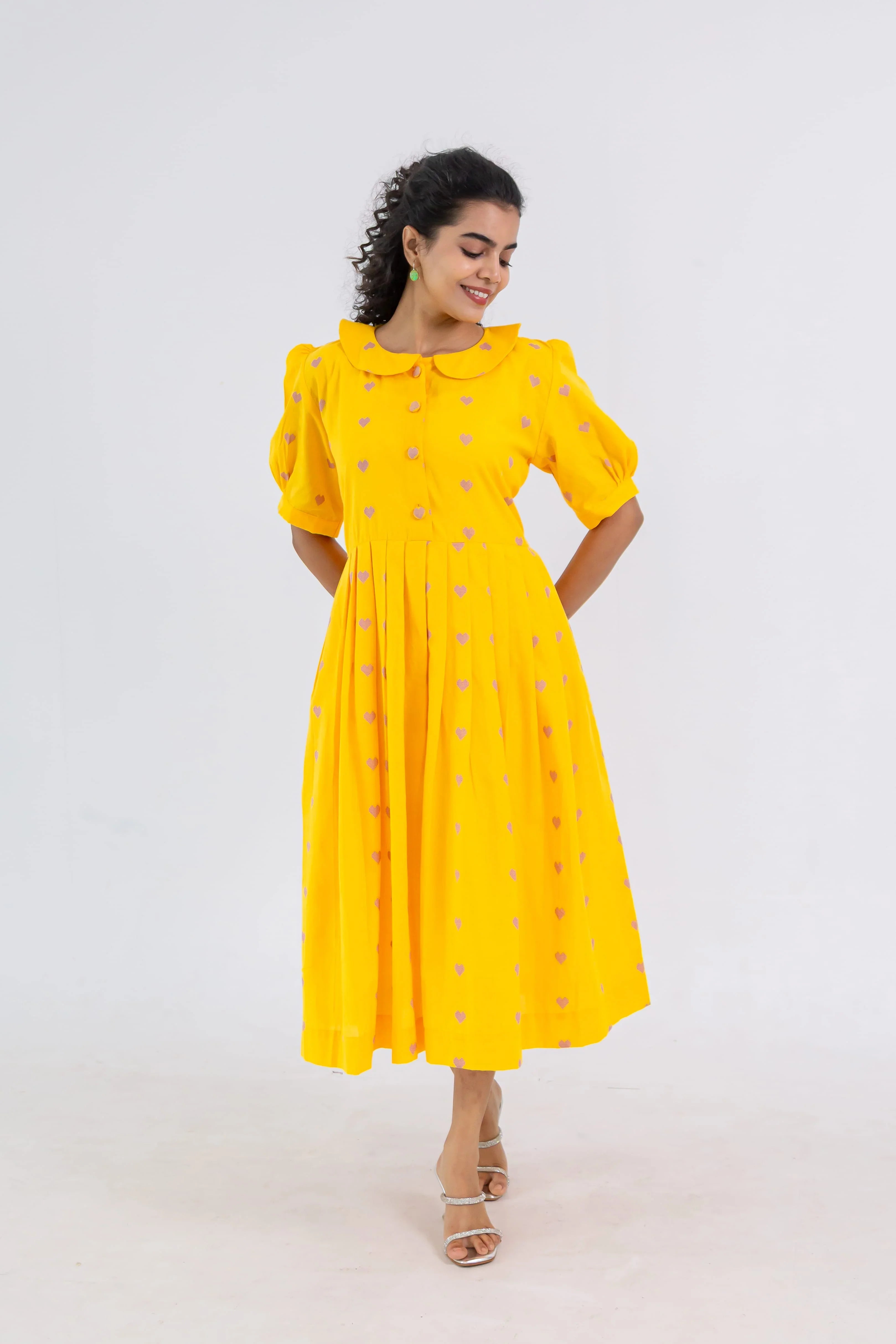 Yellow Handloom Cotton Dress with Heart Butta - Hello June