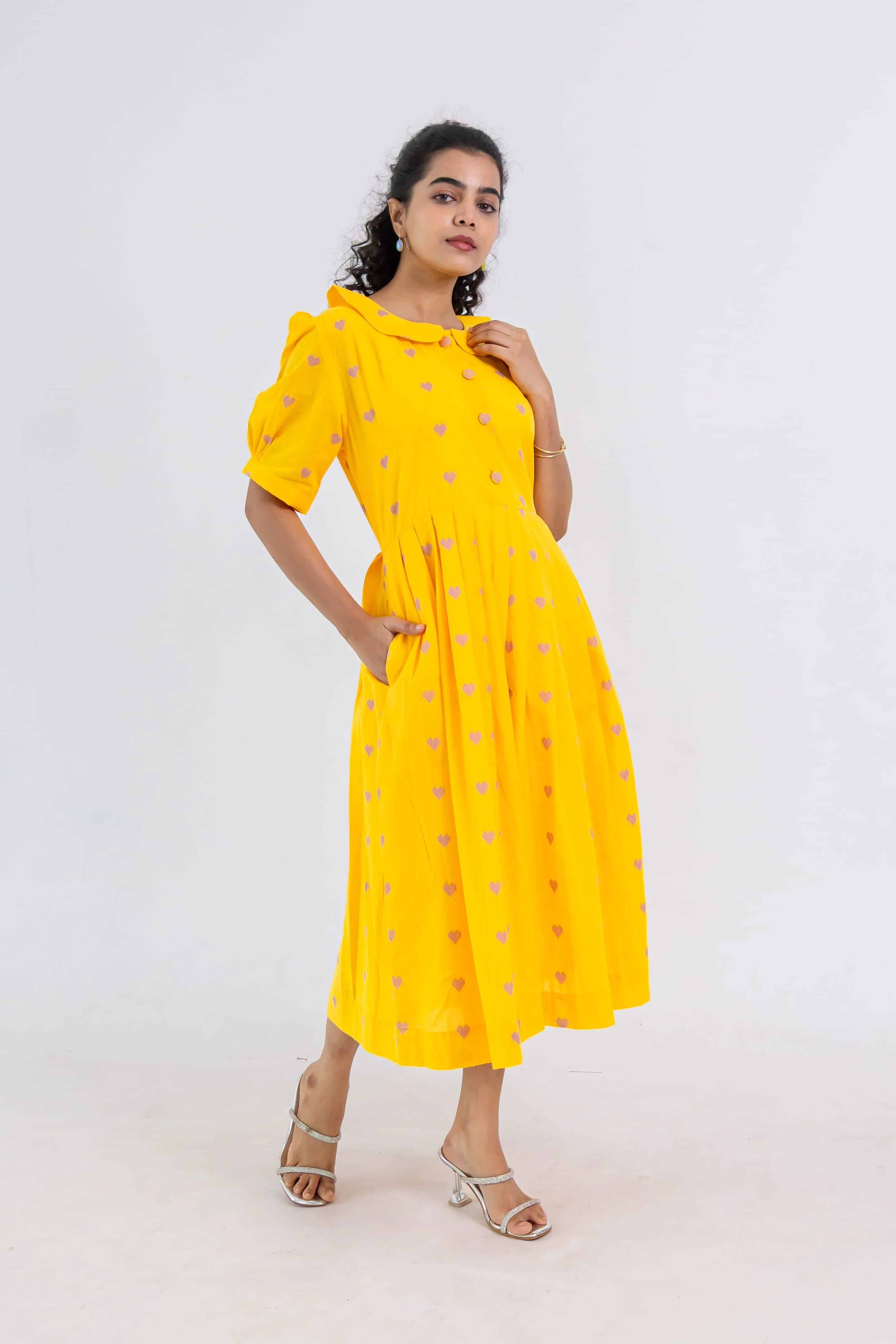 Yellow Handloom Cotton Dress with Heart Butta - Hello June