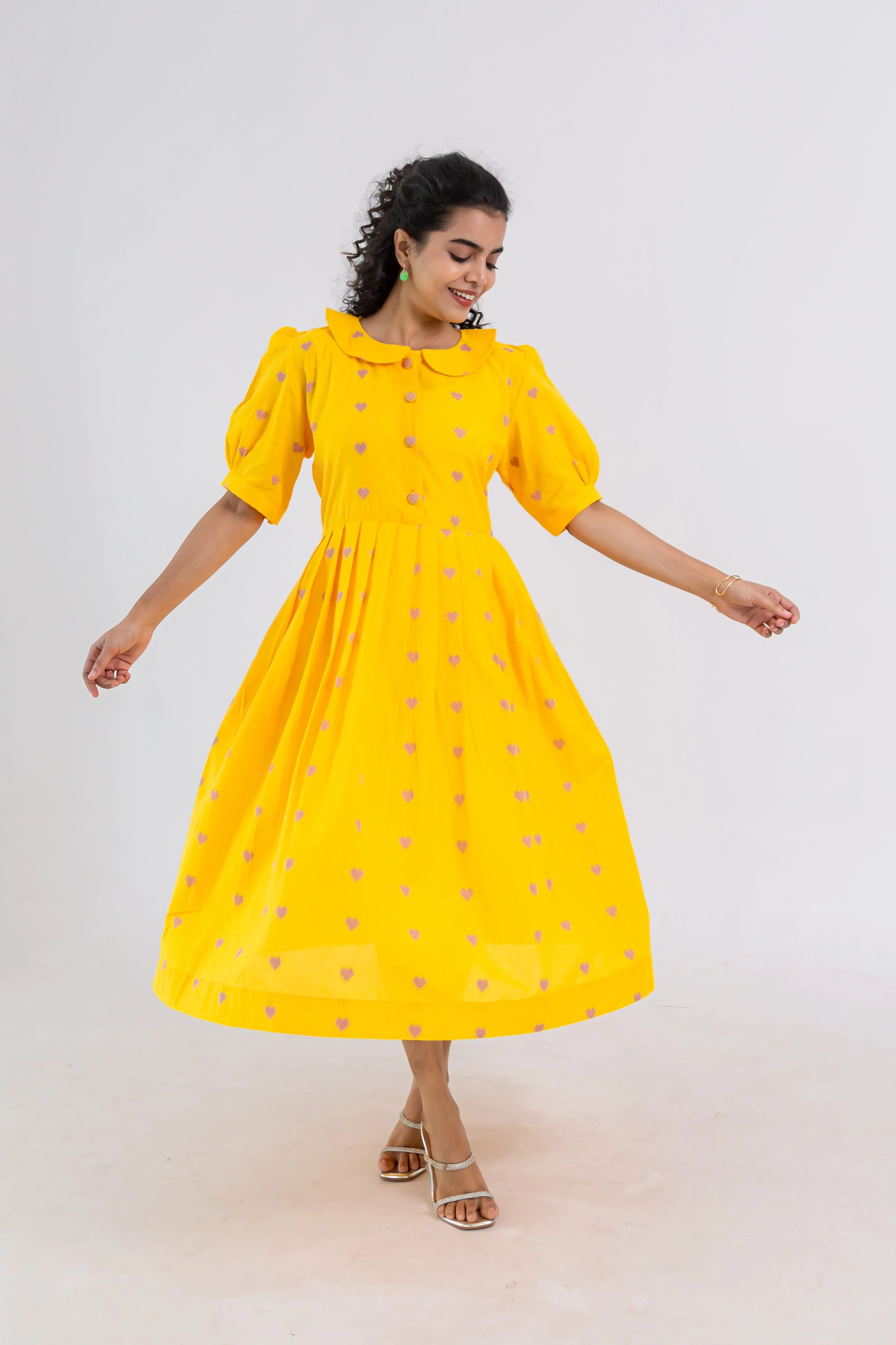 Yellow Handloom Cotton Dress with Heart Butta - Hello June