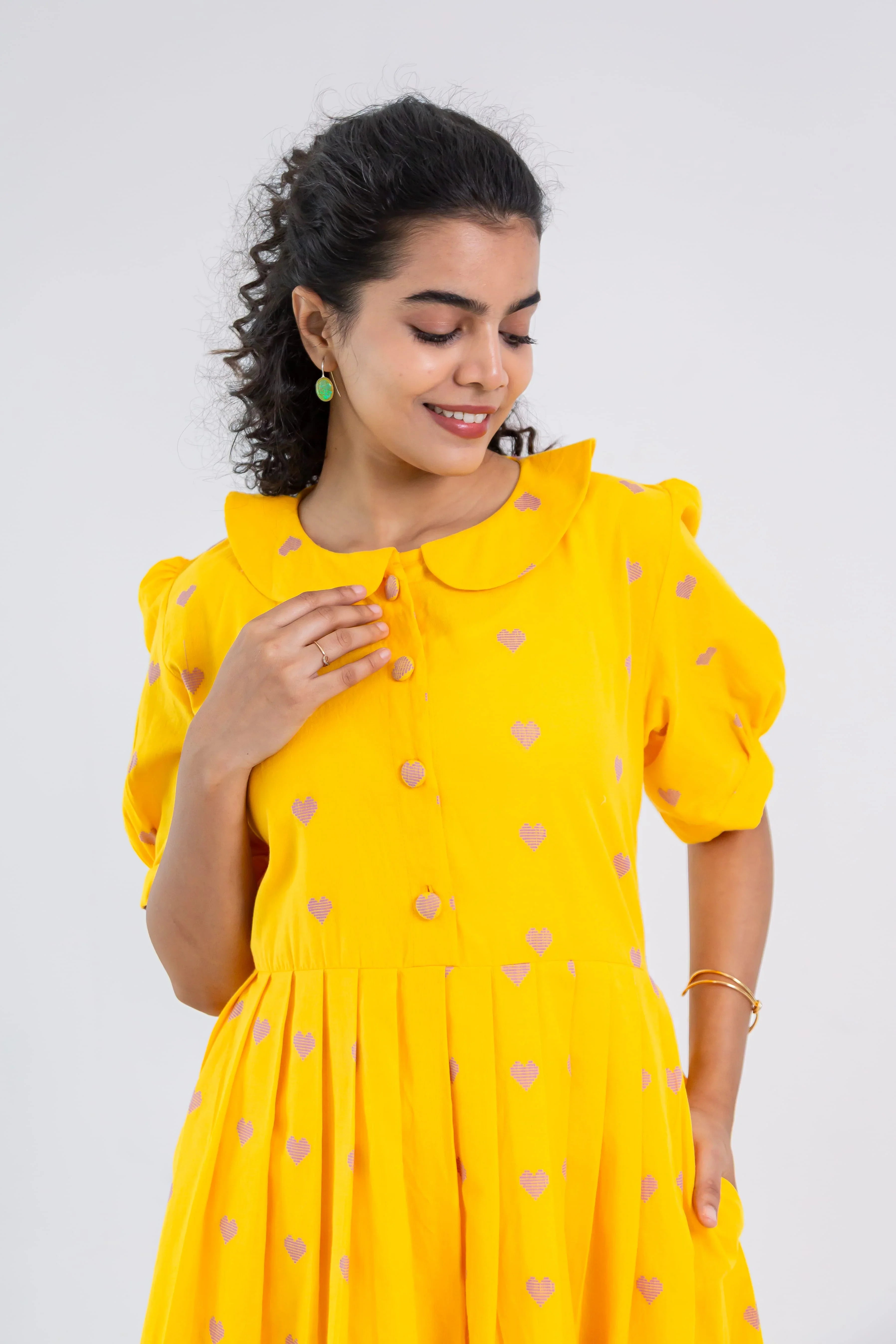 Yellow Handloom Cotton Dress with Heart Butta - Hello June