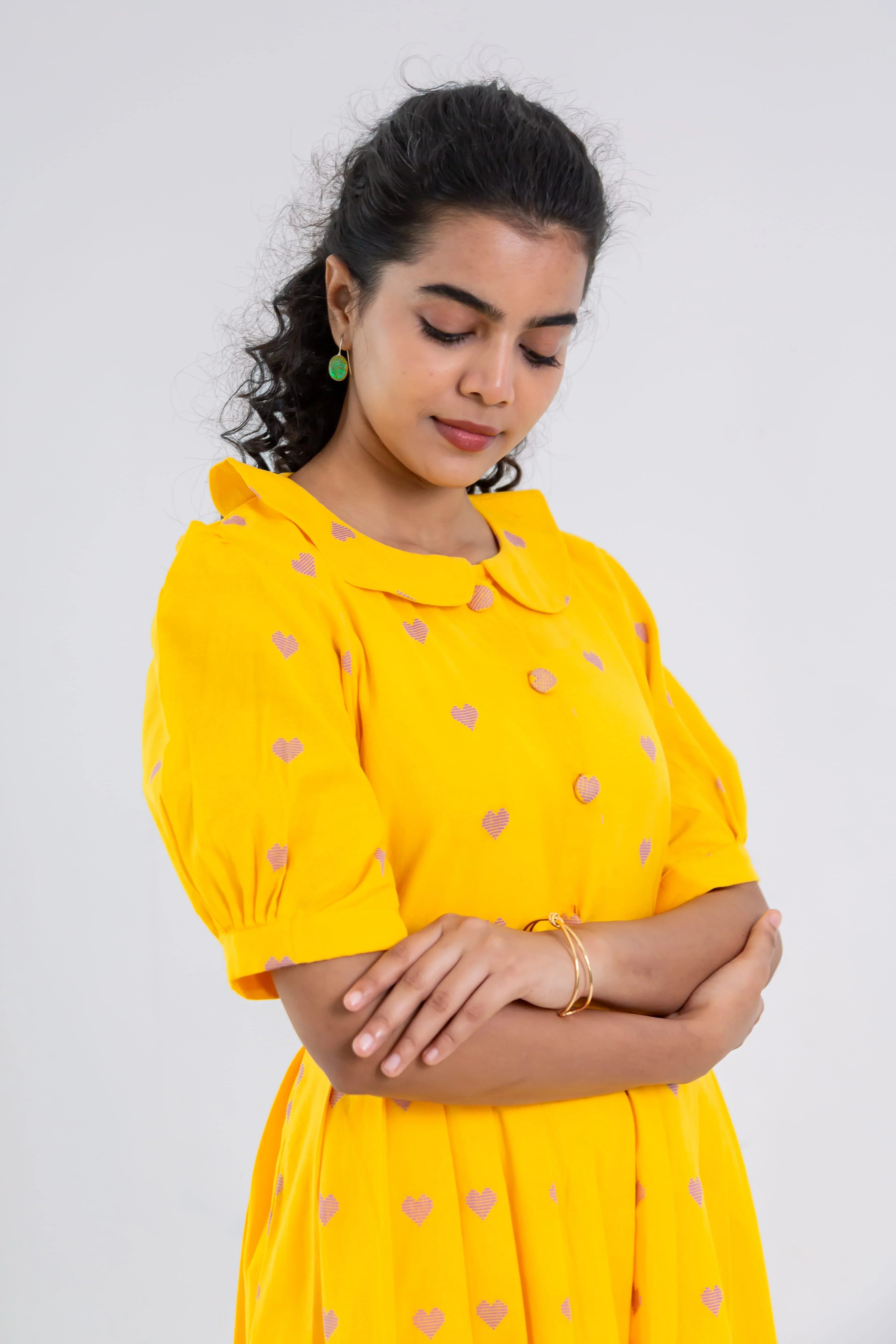 Yellow Handloom Cotton Dress with Heart Butta - Hello June