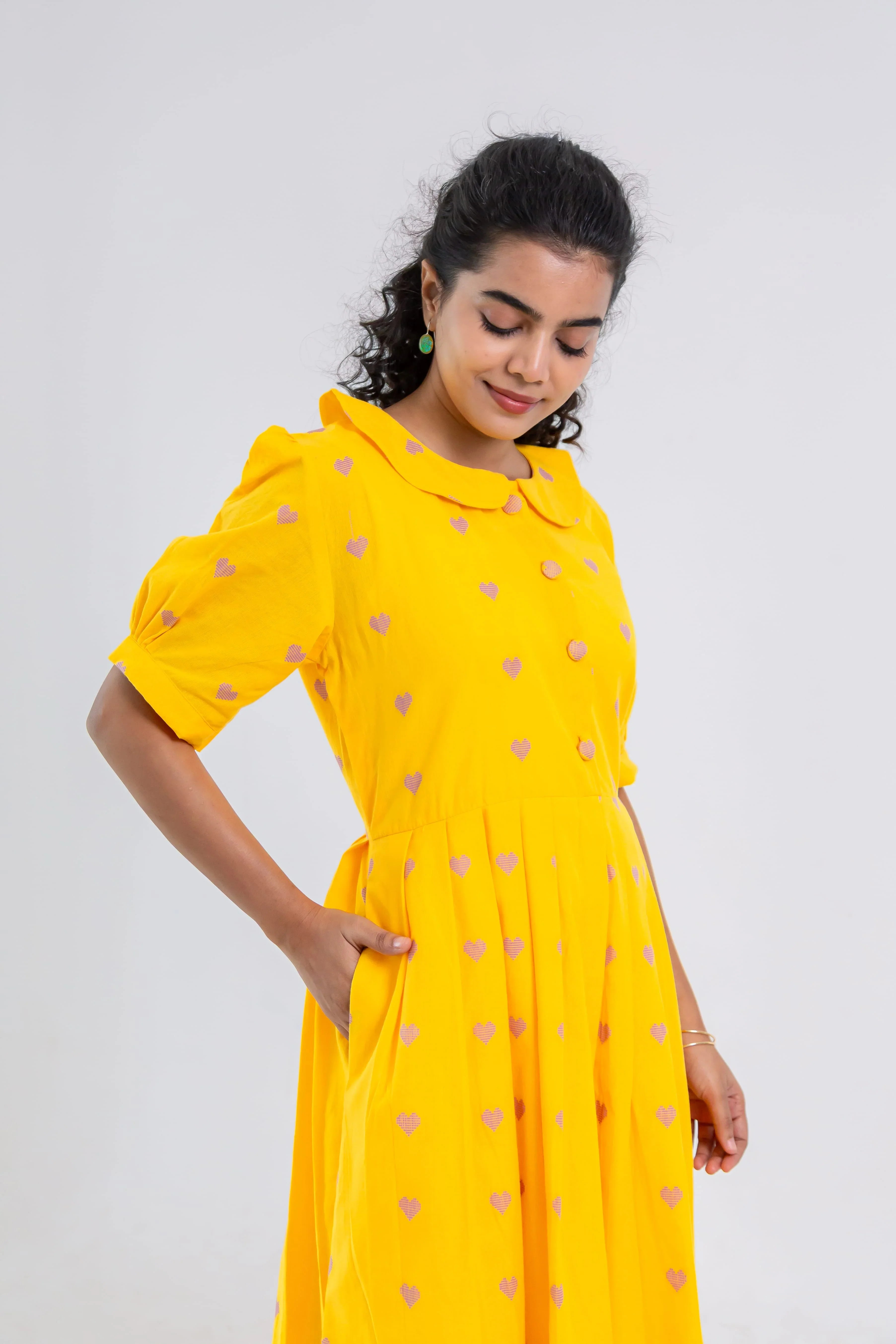 Yellow Handloom Cotton Dress with Heart Butta - Hello June