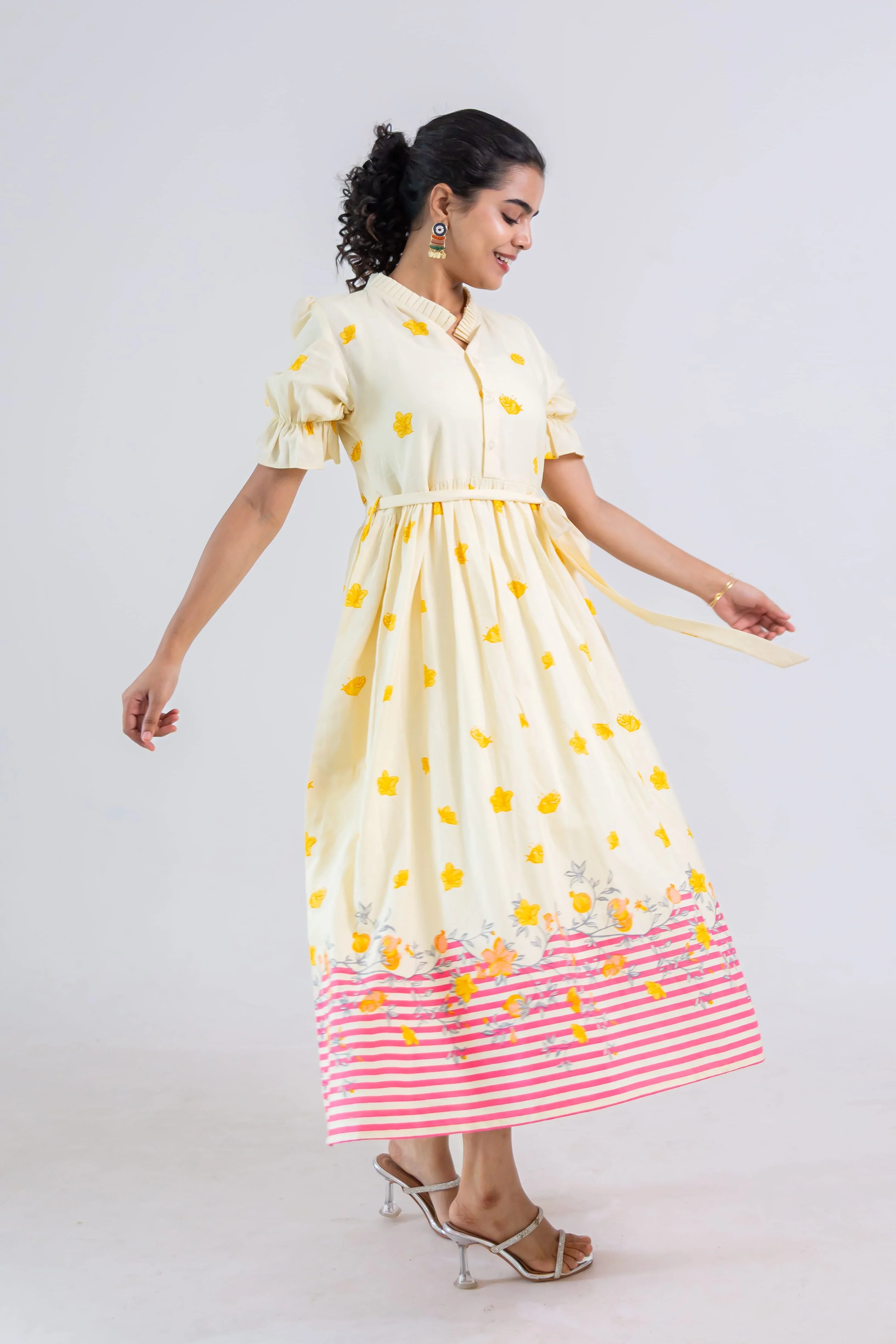 Off-White Hand Block Print Cotton Dress (pink) - Hello June