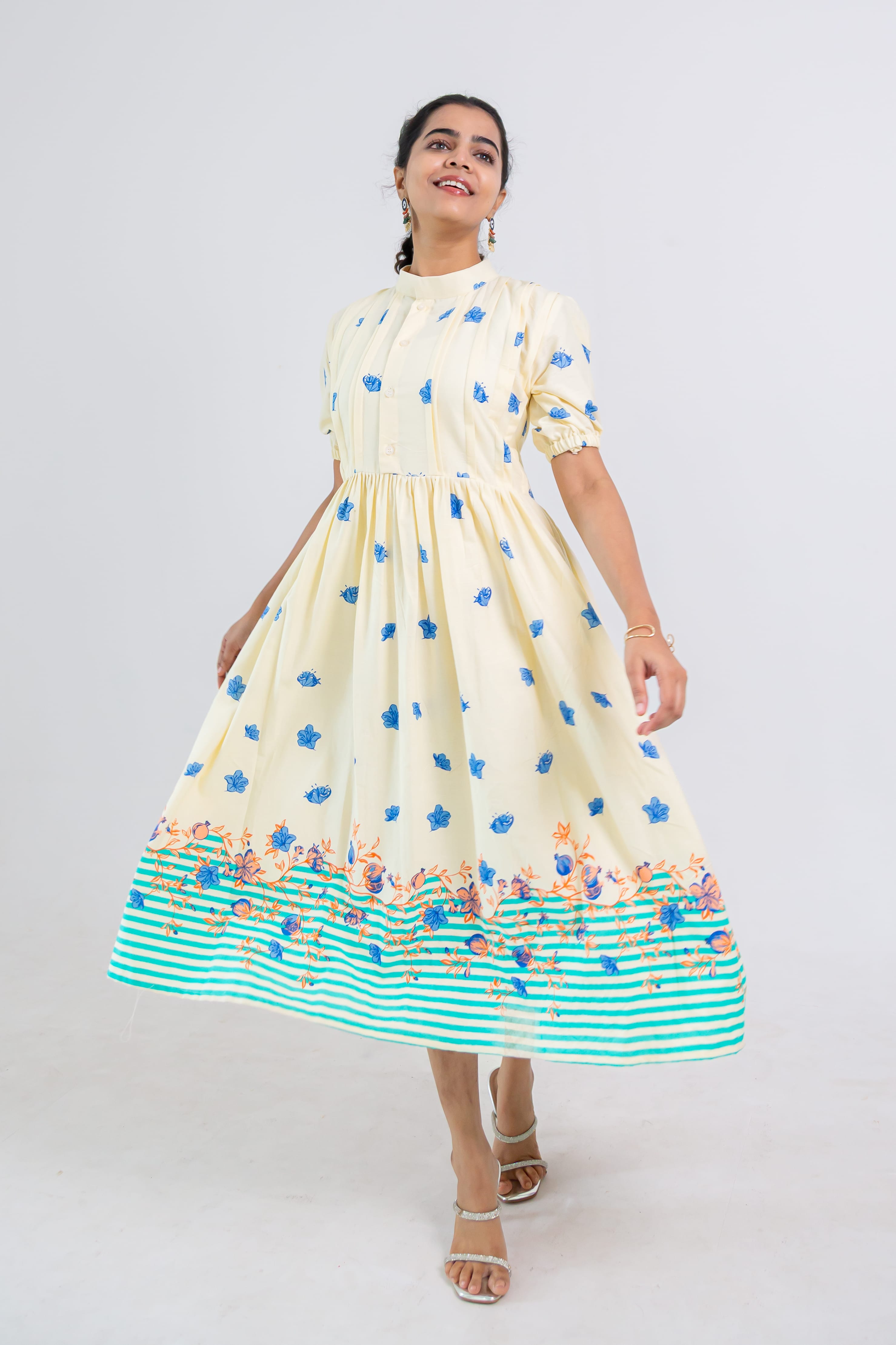 Off-White Hand Block Print Cotton Dress (green)