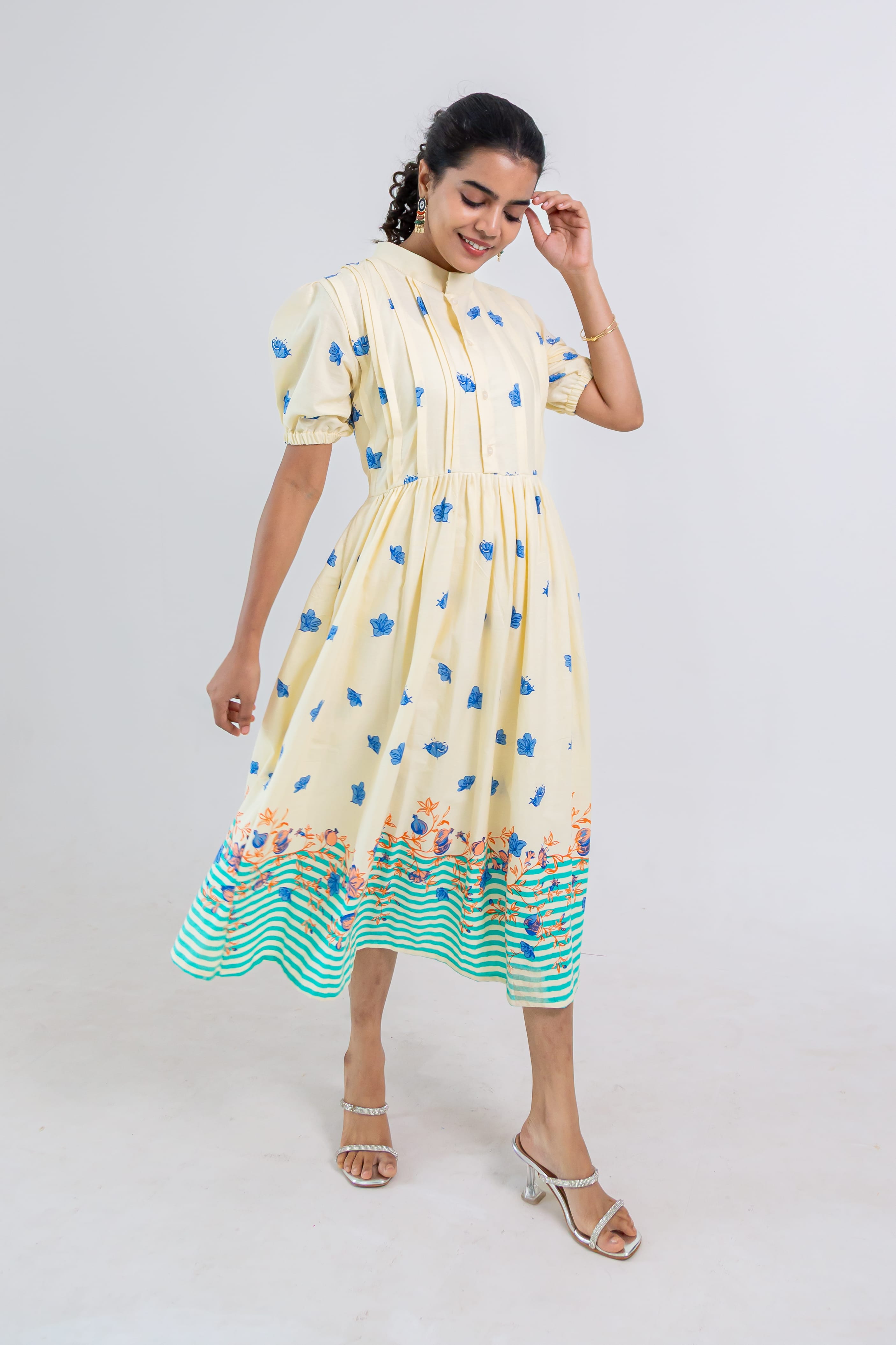 Off-White Hand Block Print Cotton Dress (green)