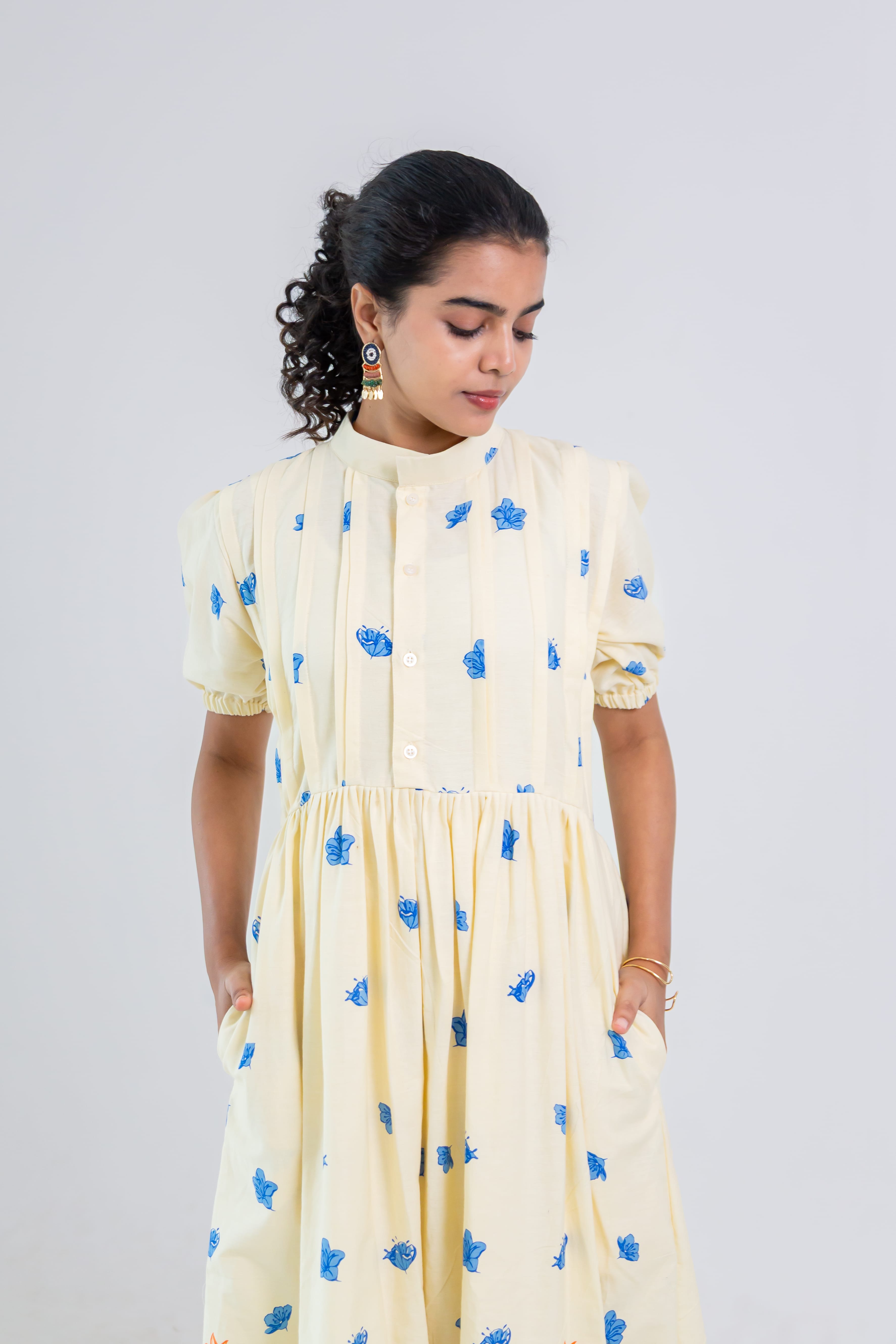 Off-White Hand Block Print Cotton Dress (green)