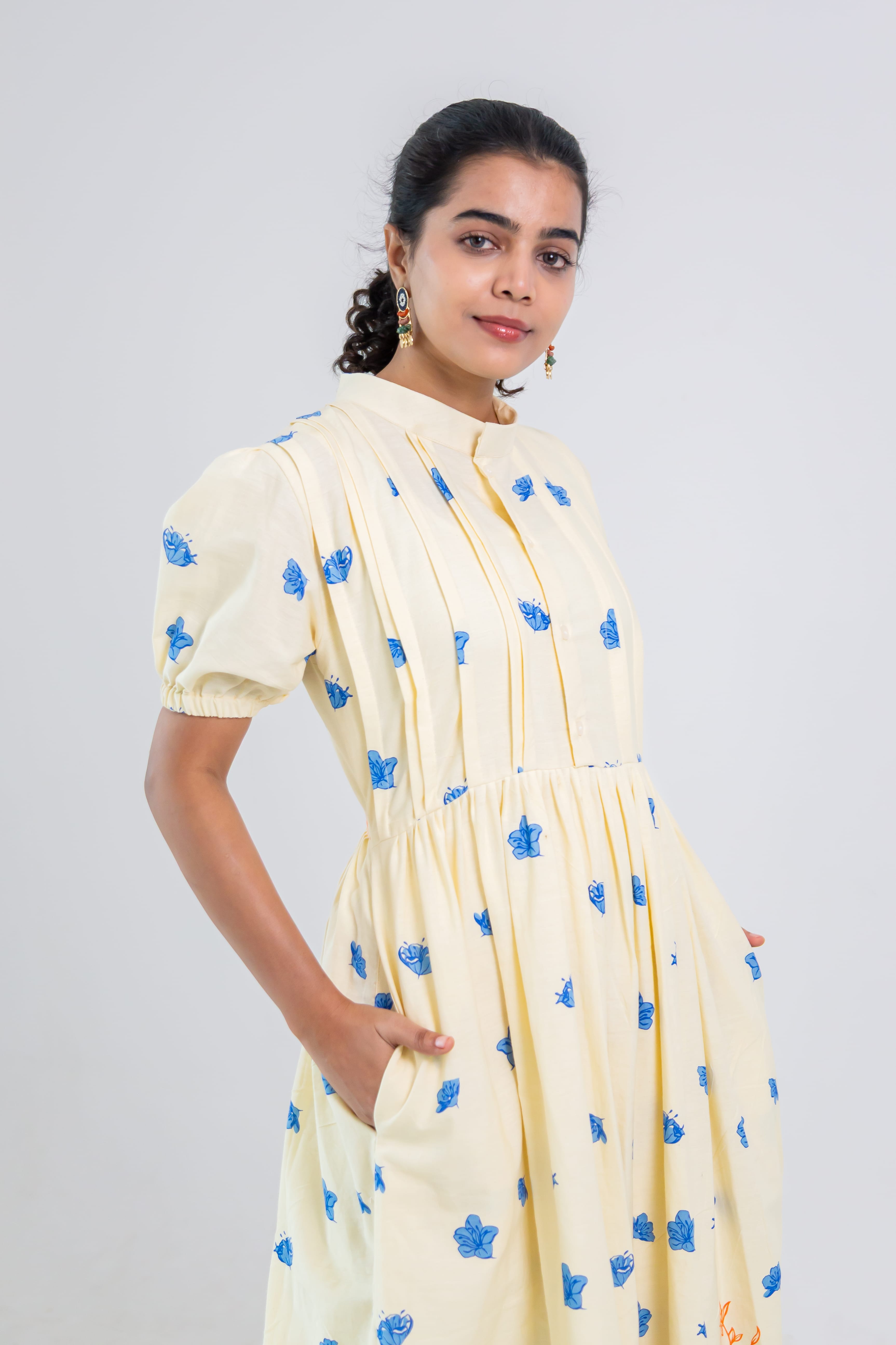 Off-White Hand Block Print Cotton Dress (green)