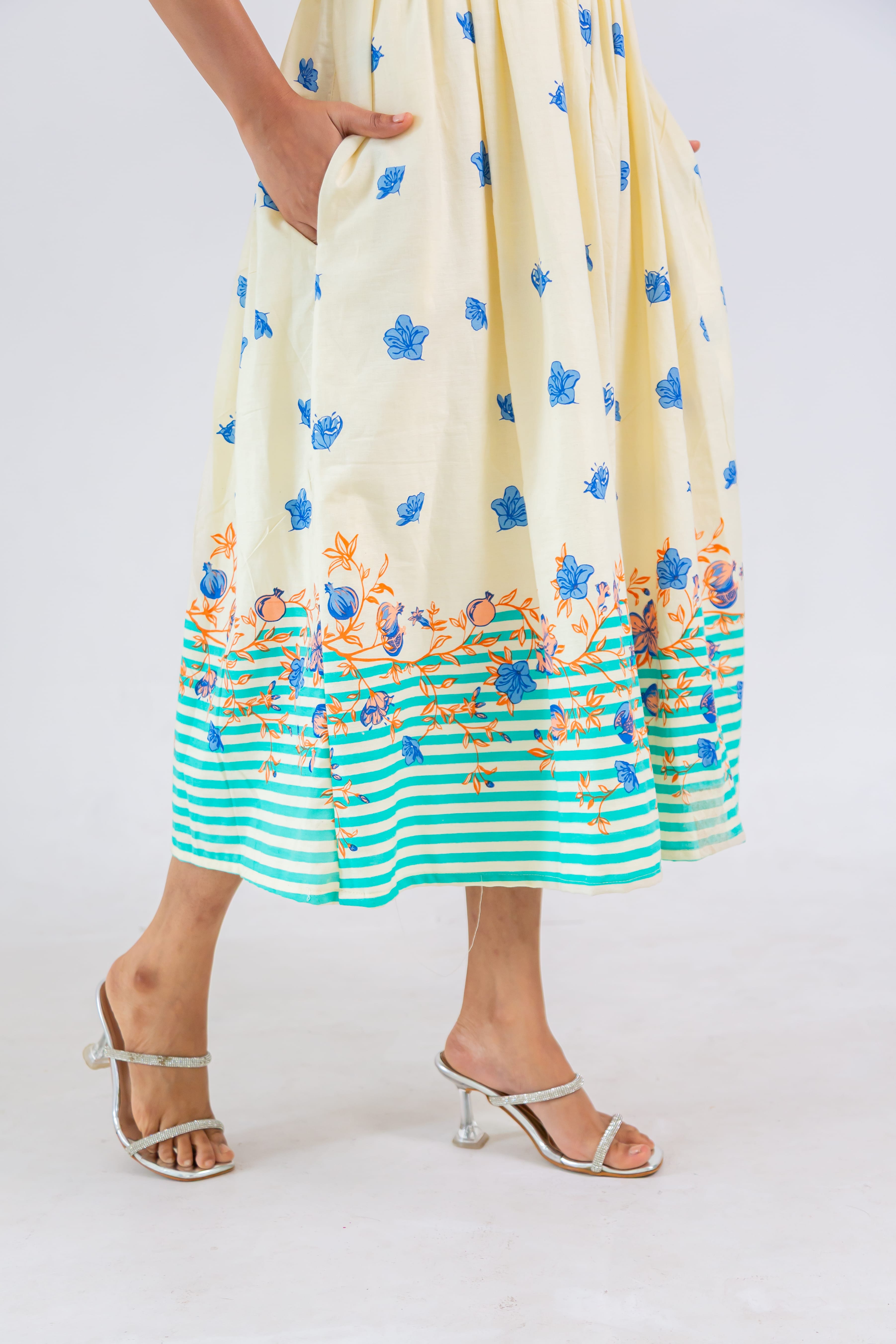 Off-White Hand Block Print Cotton Dress (green)