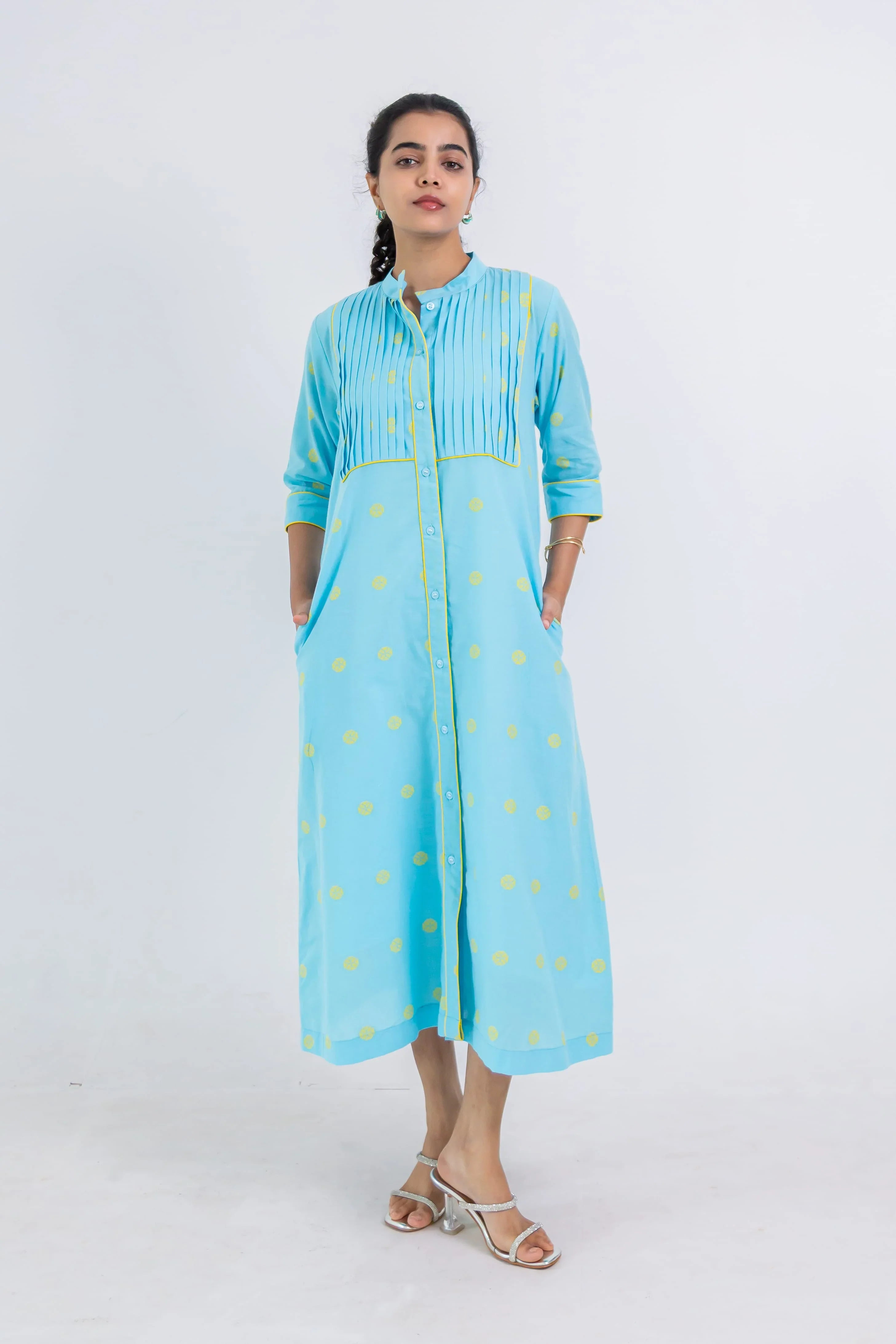 Aqua Blue Handloom Cotton Dress With Yellow Wheel Butta - Hello June