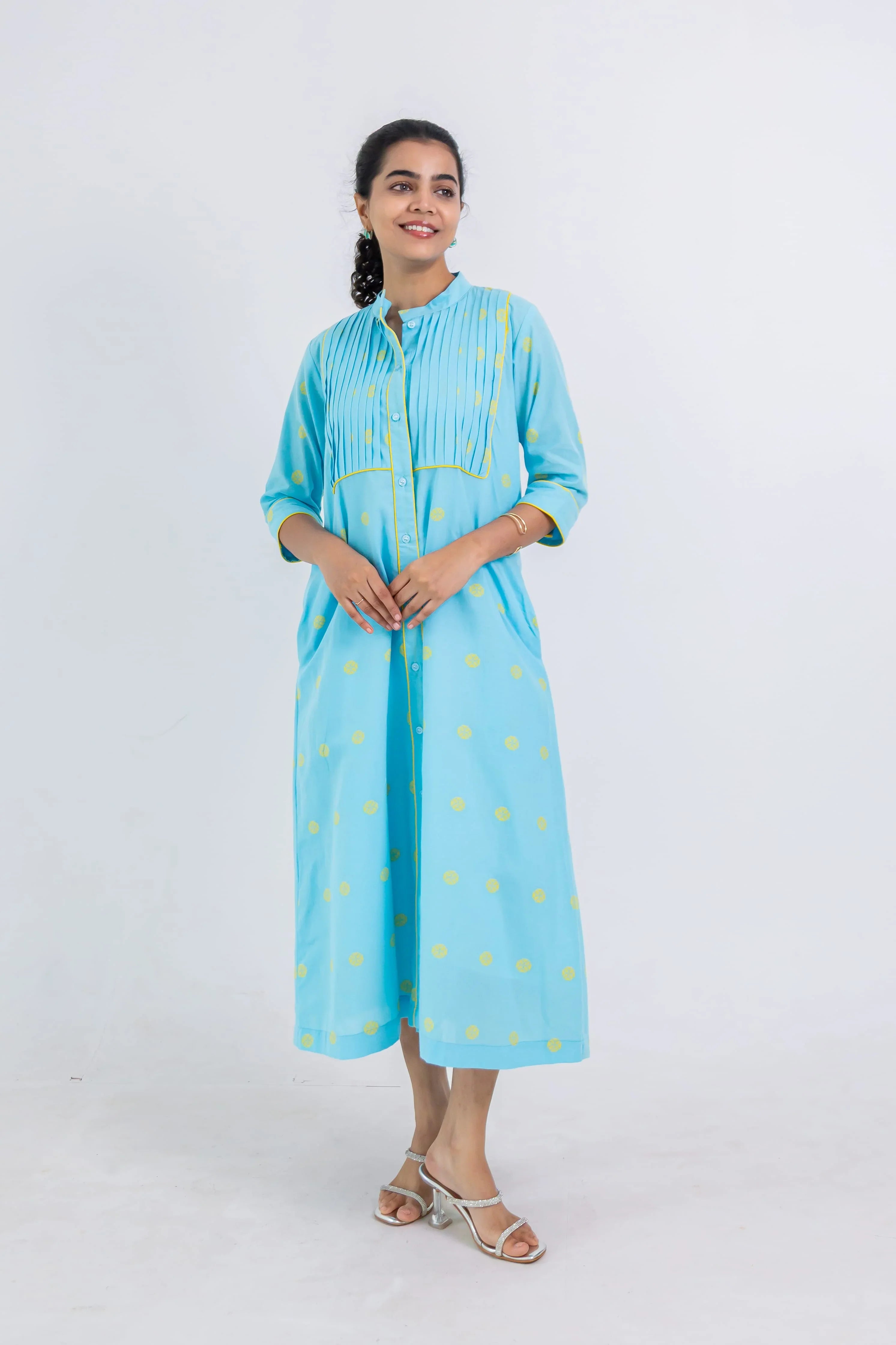 Aqua Blue Handloom Cotton Dress With Yellow Wheel Butta - Hello June