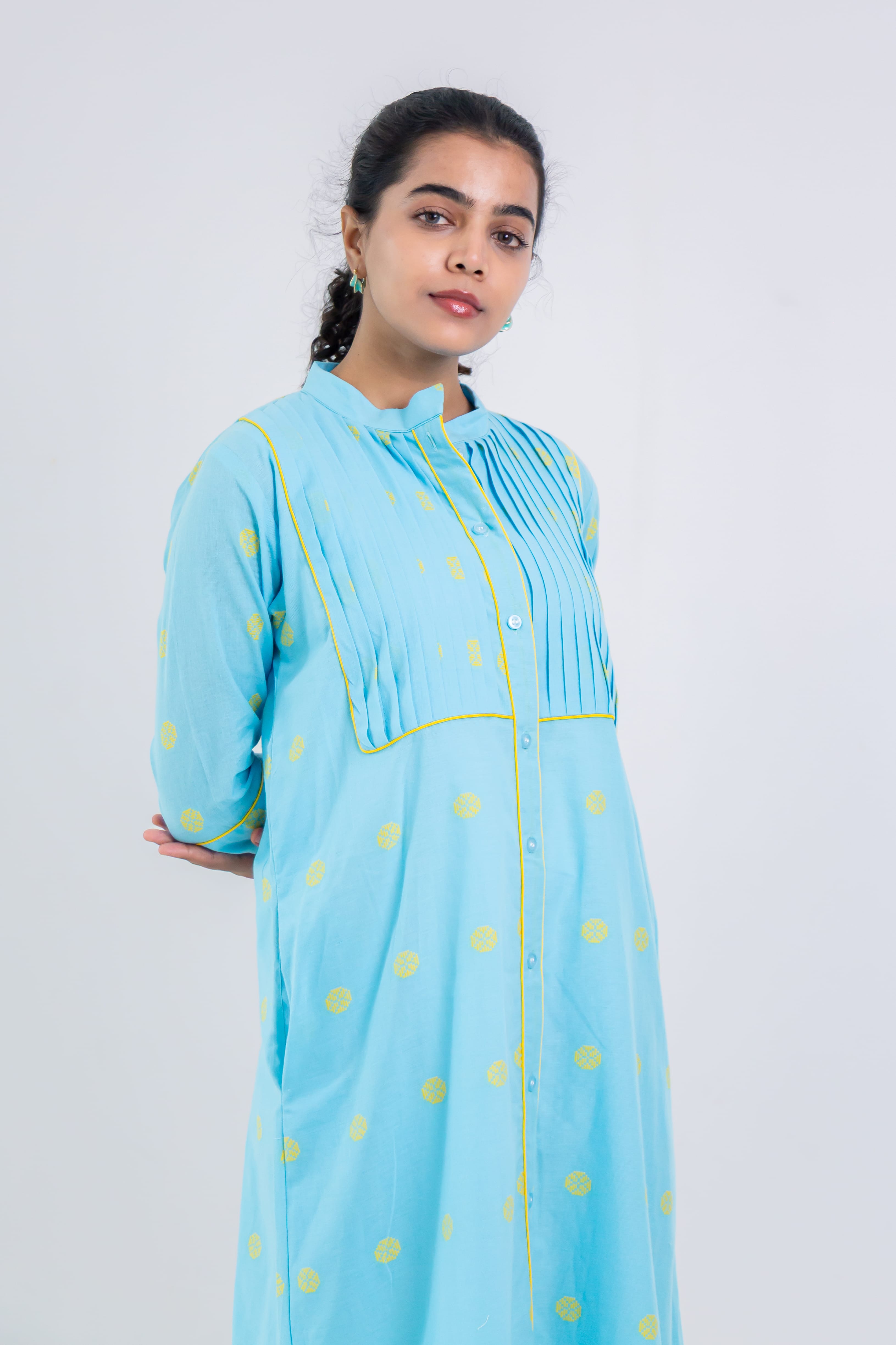 Aqua Blue Handloom Cotton Dress With Yellow Wheel Butta