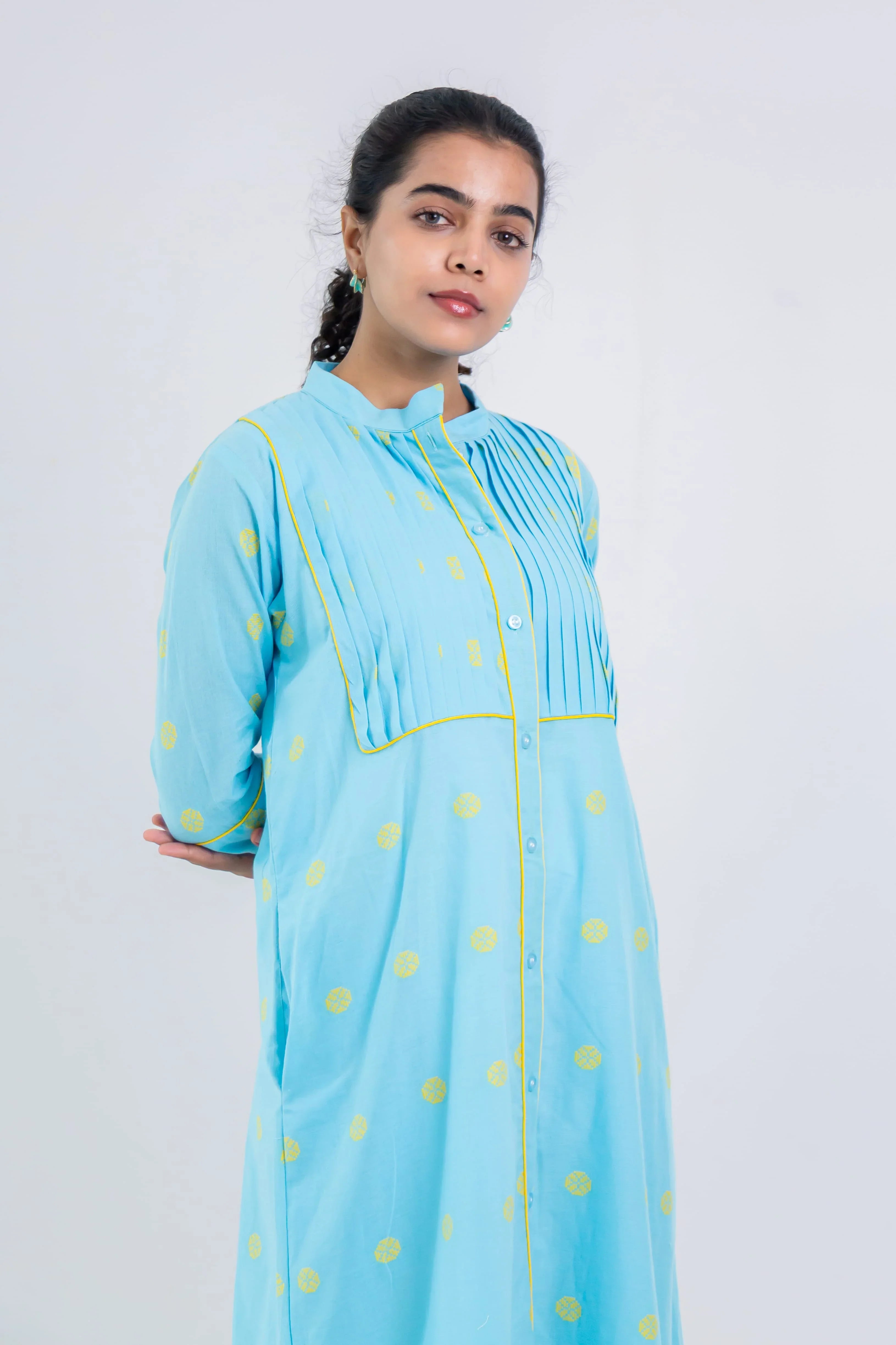 Aqua Blue Handloom Cotton Dress With Yellow Wheel Butta - Hello June