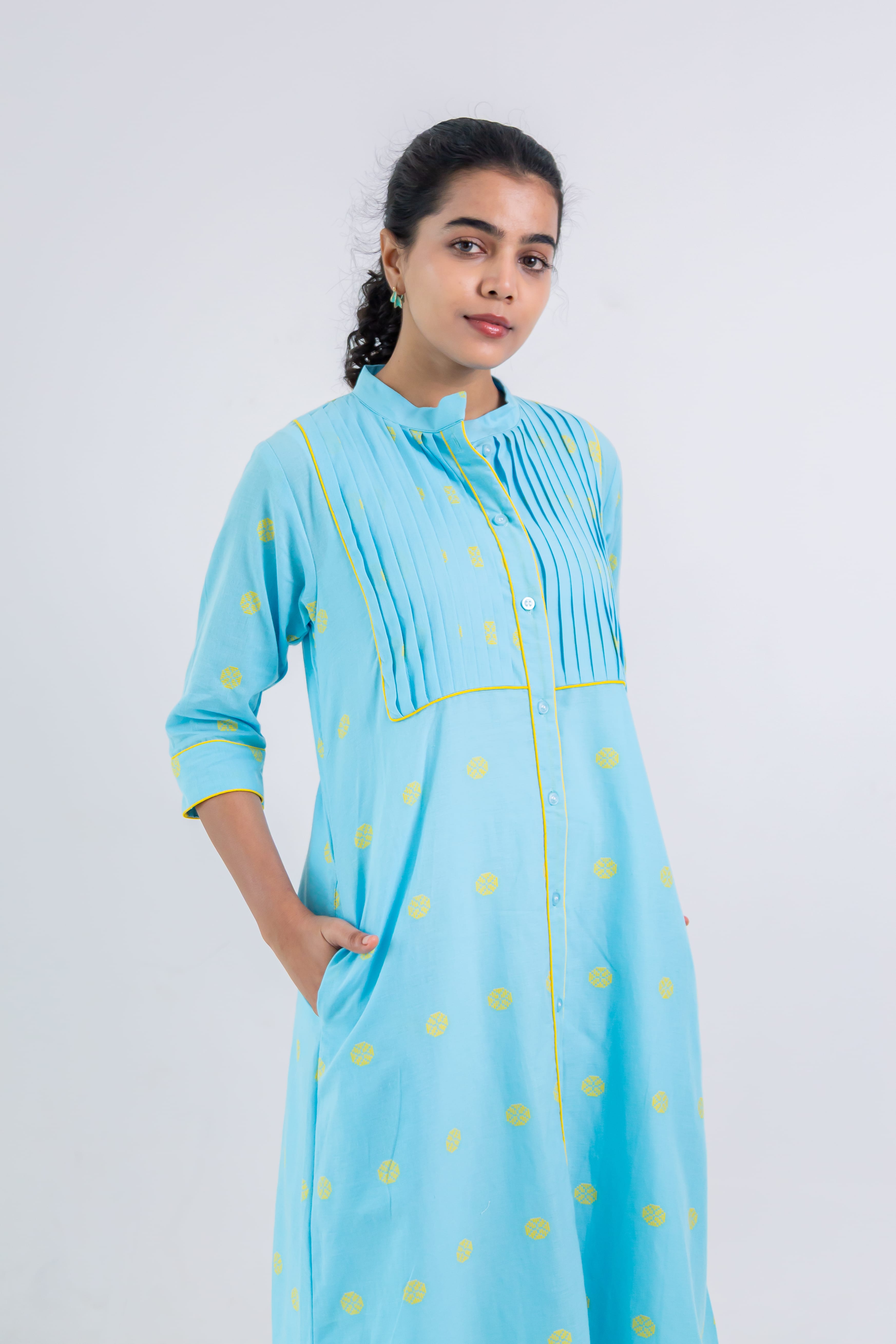 Aqua Blue Handloom Cotton Dress With Yellow Wheel Butta