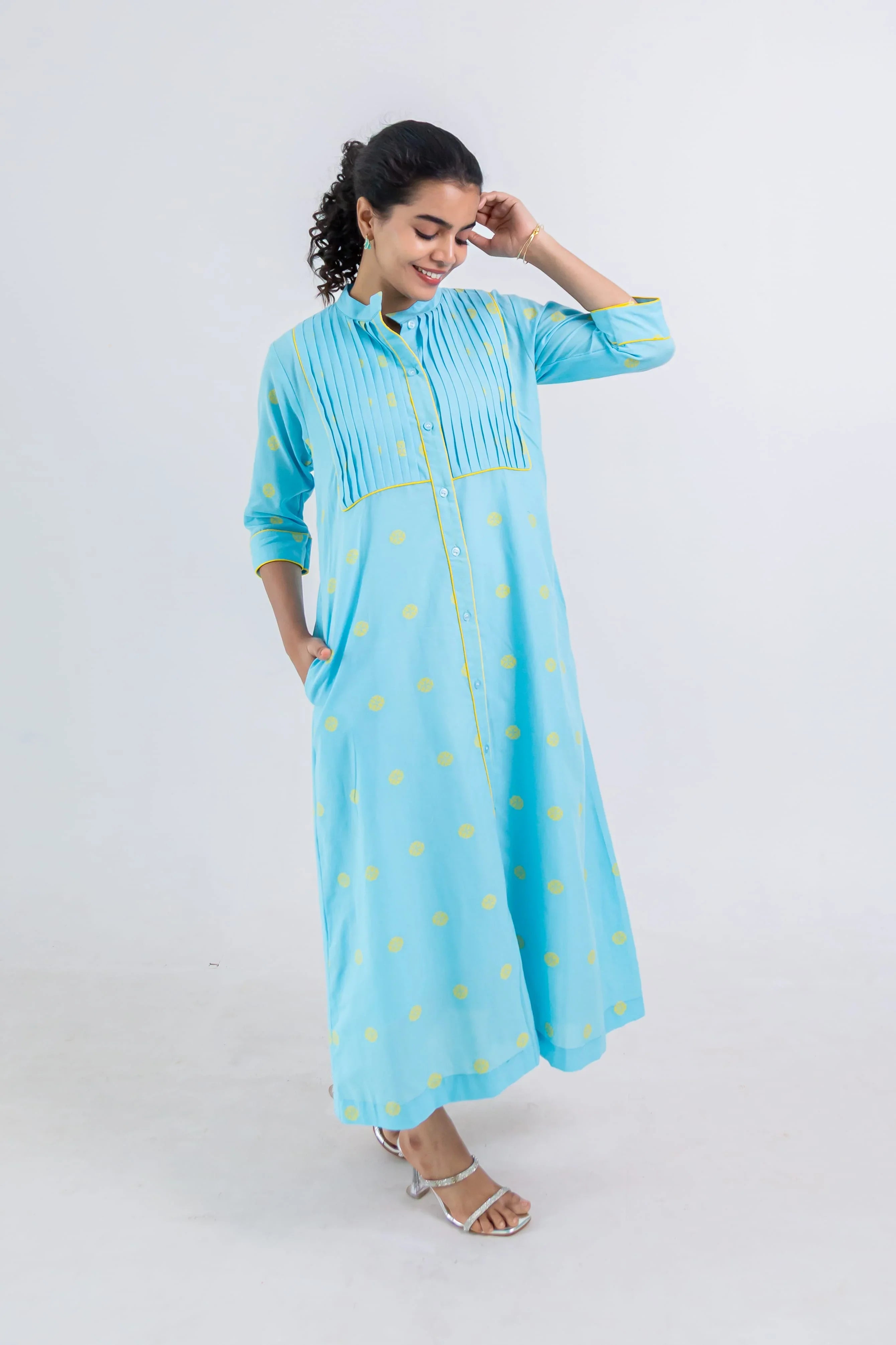 Aqua Blue Handloom Cotton Dress With Yellow Wheel Butta - Hello June
