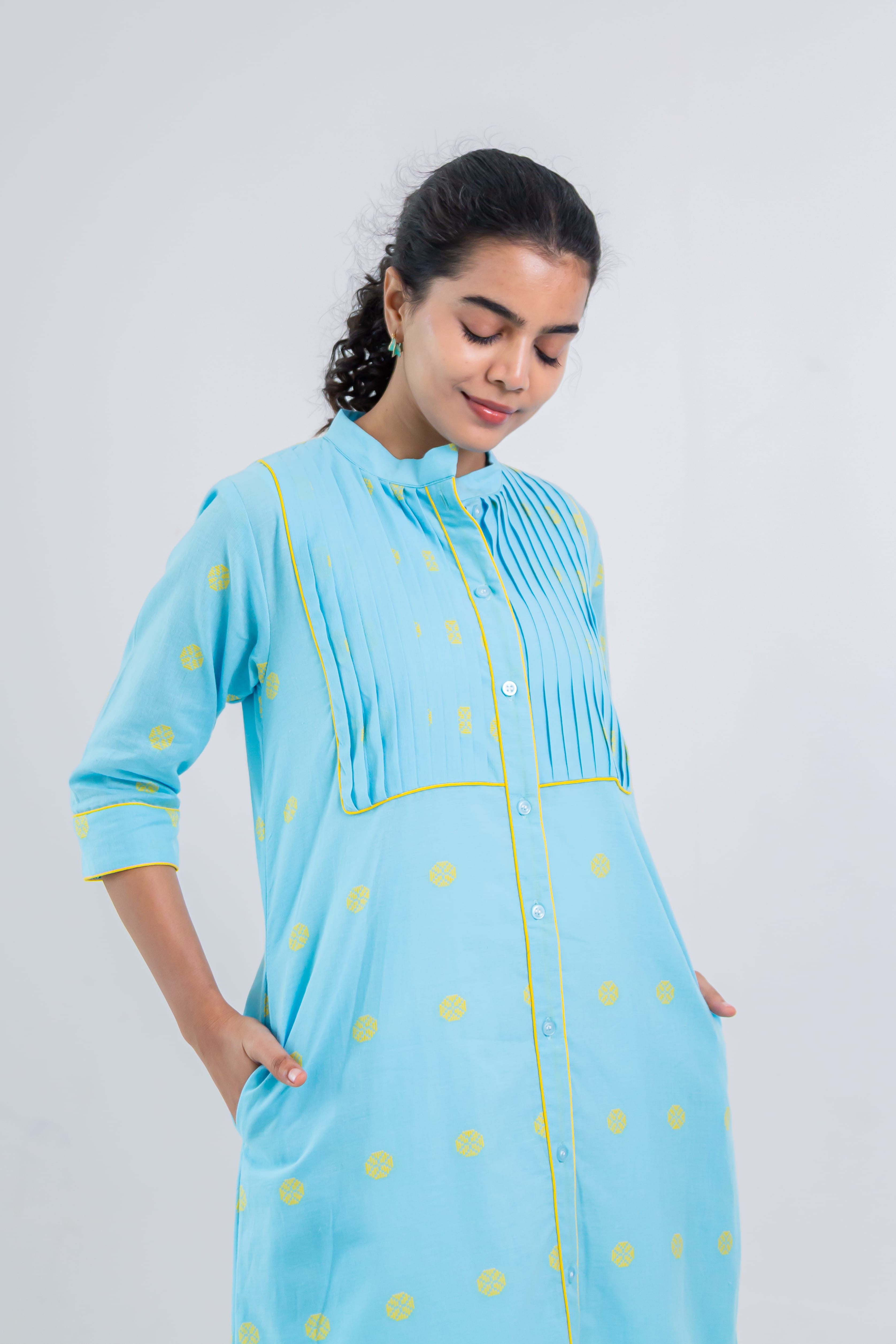 Aqua Blue Handloom Cotton Dress With Yellow Wheel Butta
