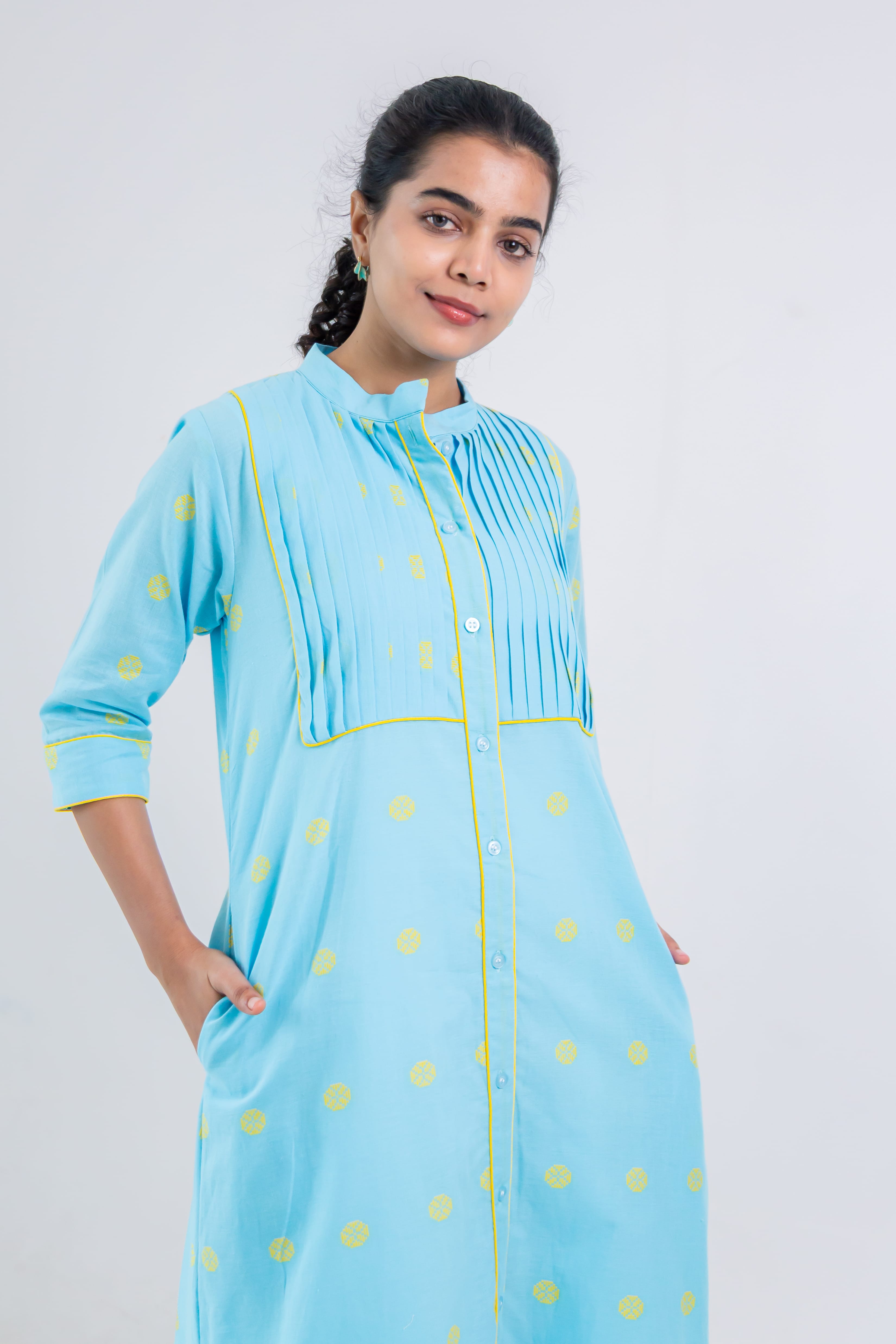 Aqua Blue Handloom Cotton Dress With Yellow Wheel Butta