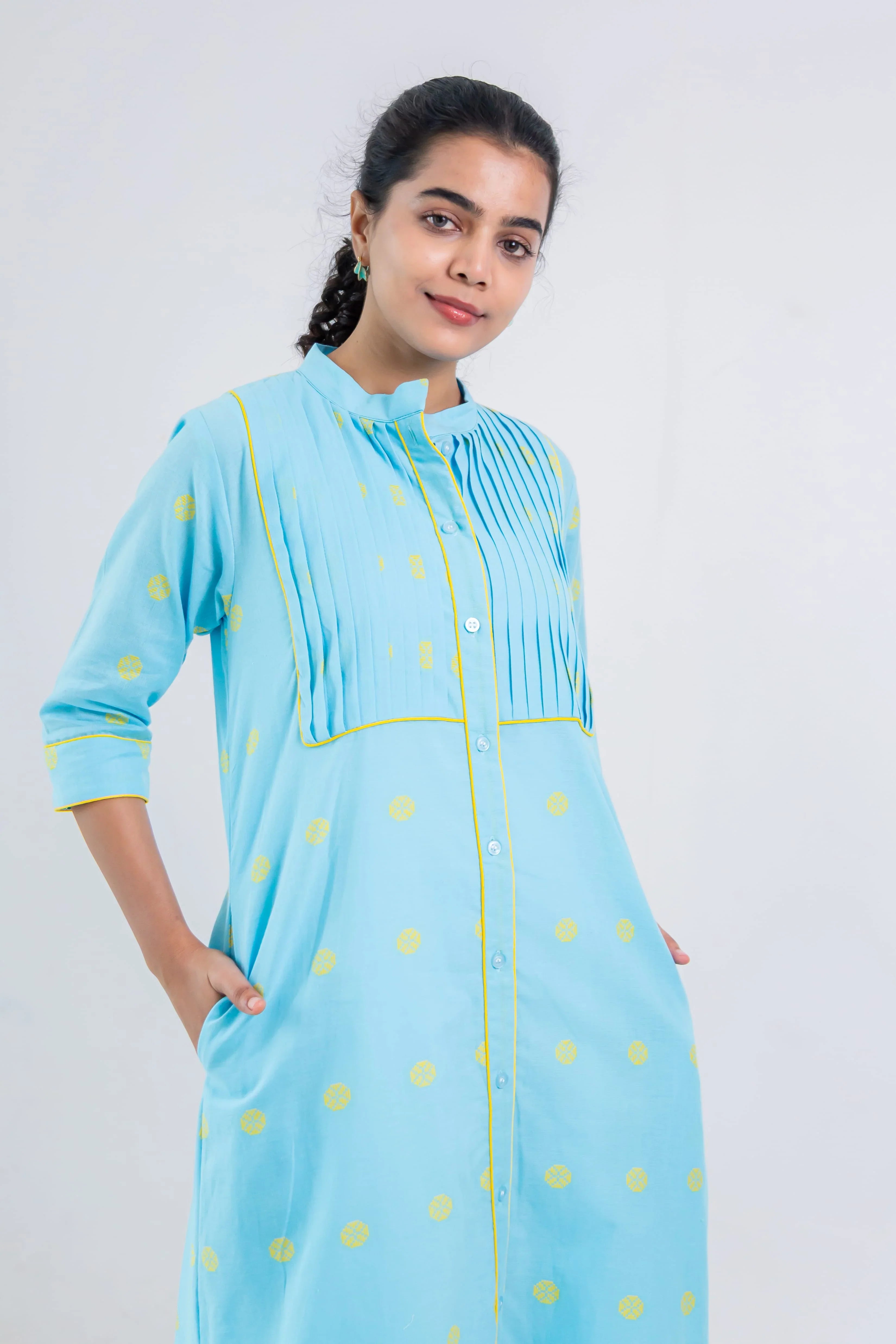 Aqua Blue Handloom Cotton Dress With Yellow Wheel Butta - Hello June