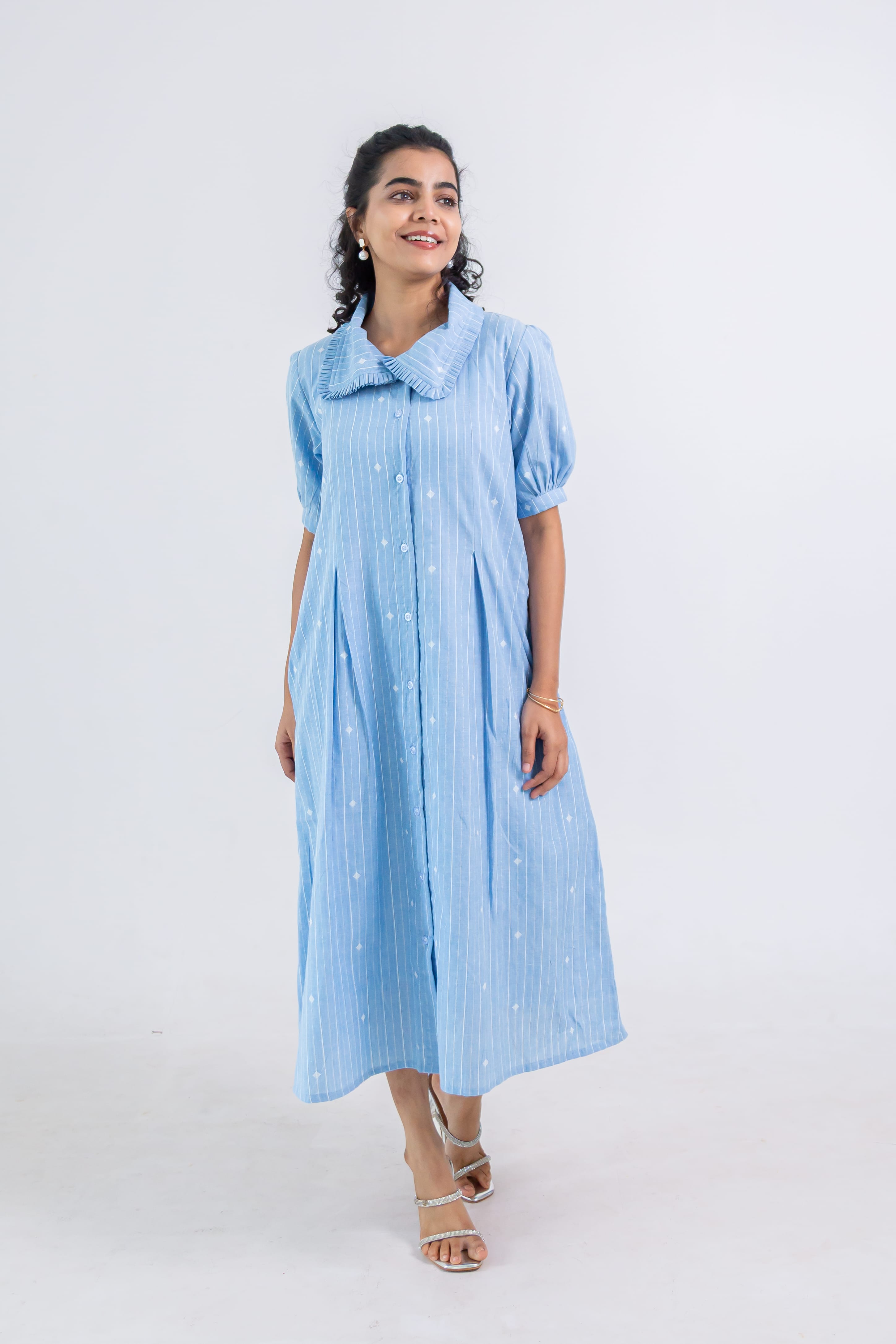 Blue Striped Dress (Handloom Cotton)