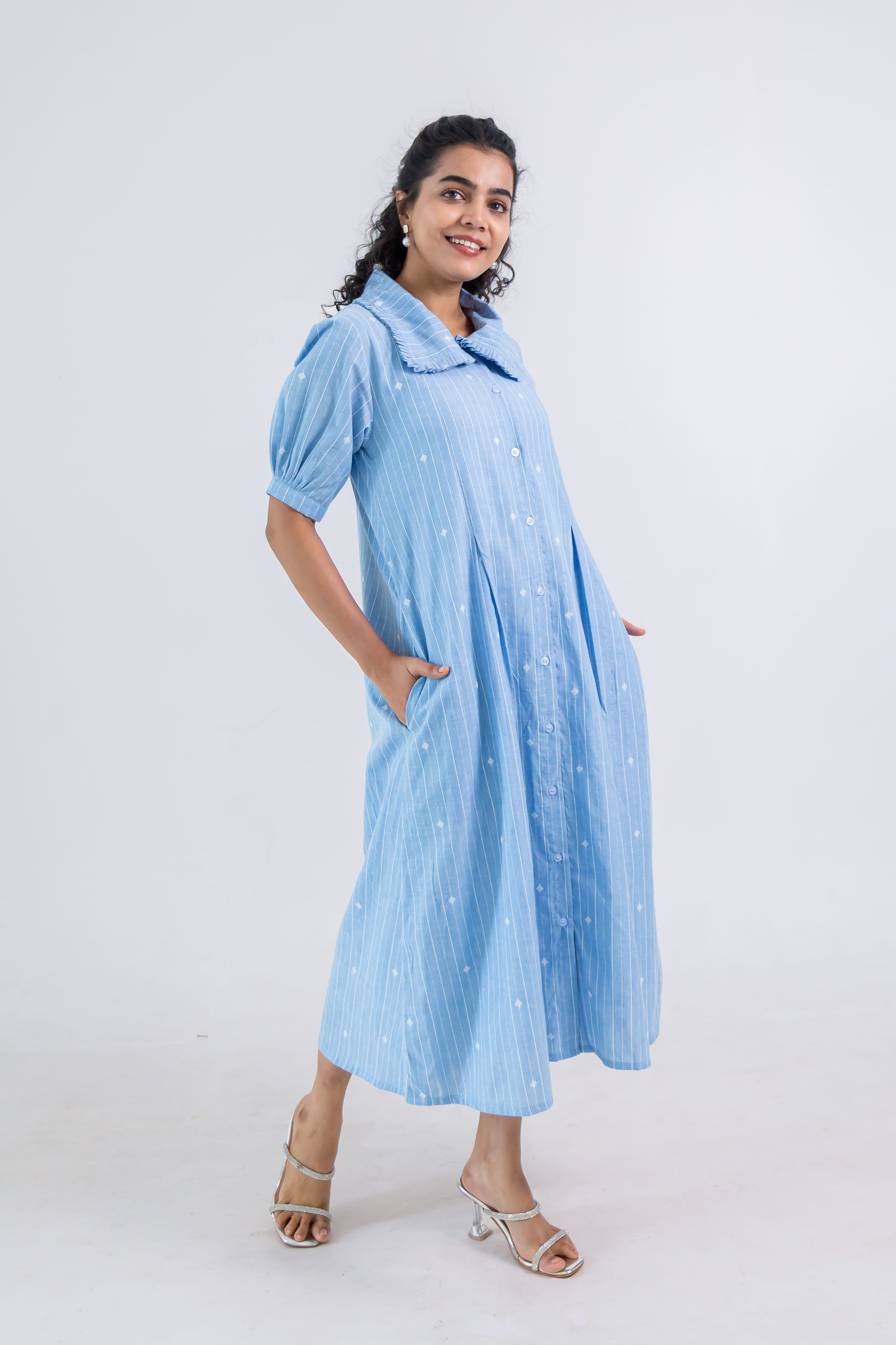 Blue Striped Dress (Handloom Cotton)